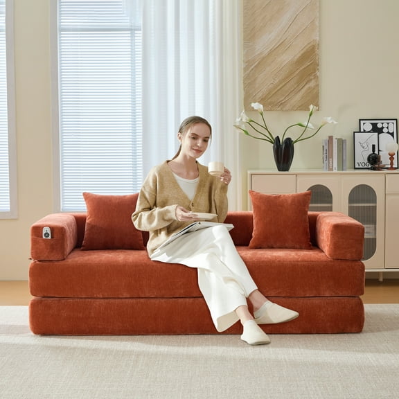 MOONMISS Chenille Upholstered Convertible Foldable Memory Foam Sleeper Sofa with Pillows for Living Room-Orange