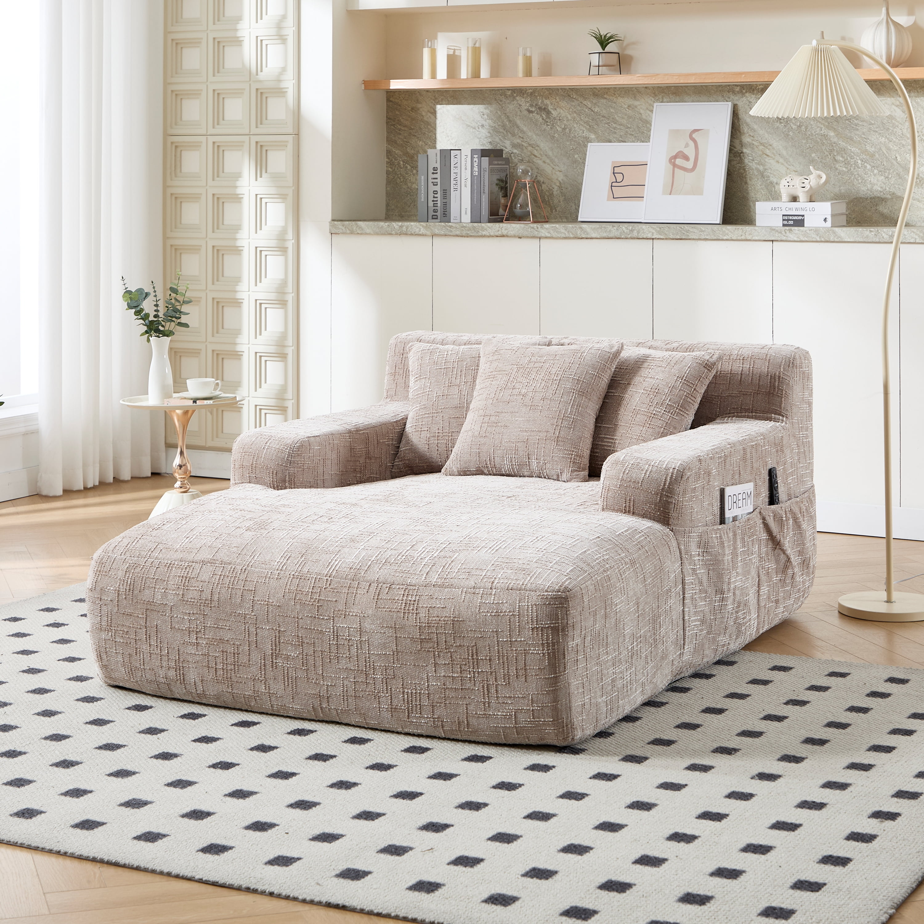 MOONMISS Chenille Upholstered Deep Seat Bean Bag Lazy Sleeping Sofa Chair with Three Pillows and Side Pocket-Khaki