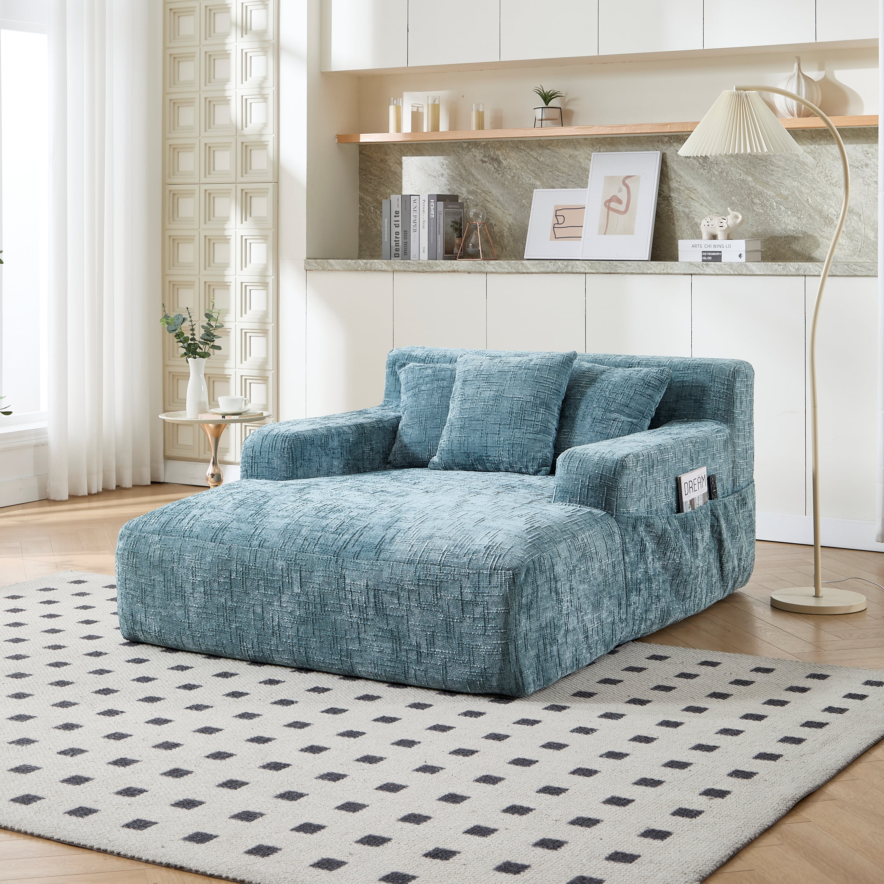 MOONMISS Chenille Upholstered Deep Seat Bean Bag Lazy Sleeping Sofa Chair with Three Pillows and Side Pocket-Mint Blue