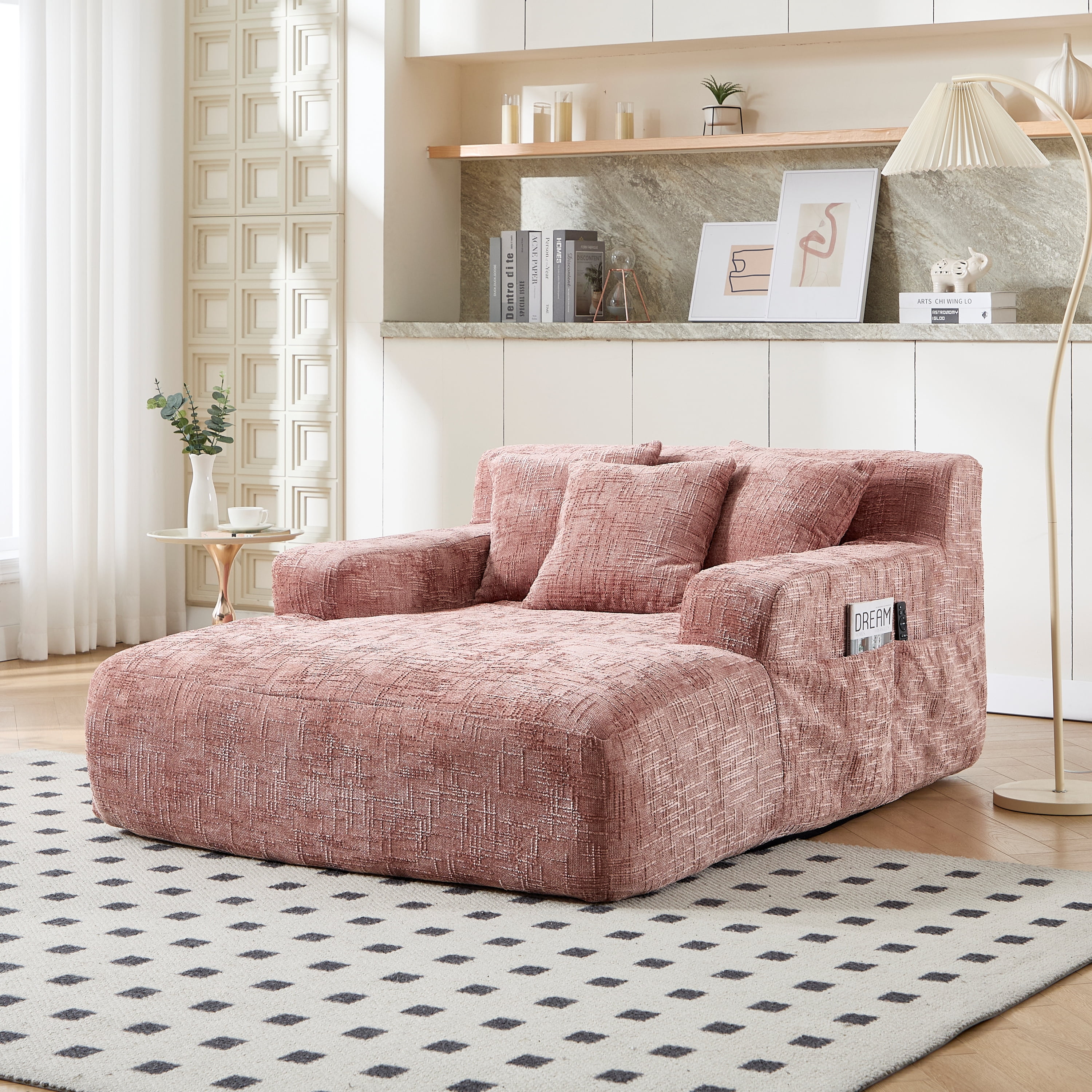 MOONMISS Chenille Upholstered Deep Seat Bean Bag Lazy Sleeping Sofa Chair with Three Pillows and Side Pocket-Pink