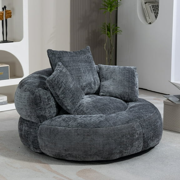 MOONMISS Chenille Upholstered Durable Comfort Lounger Bean Bag Lazy Sofa with Three Pillows-Gray