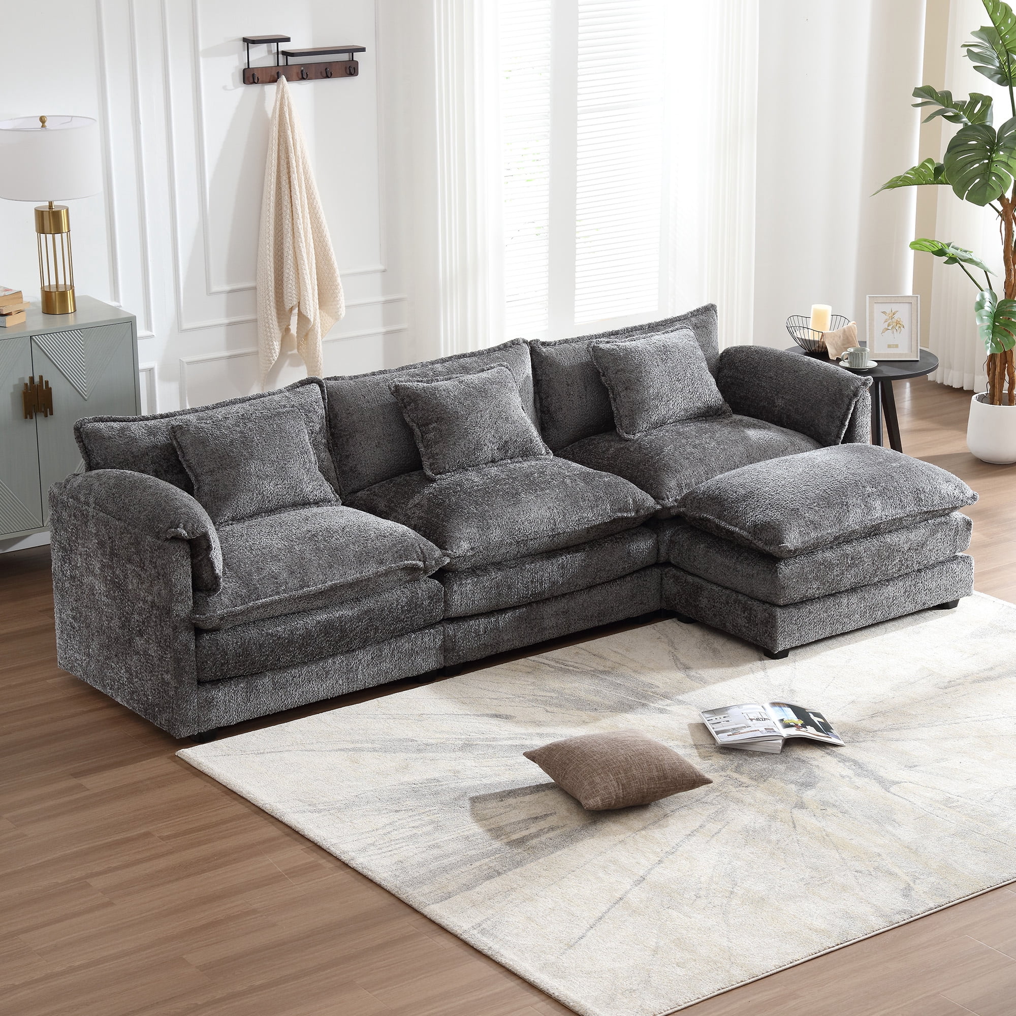 MOONMISS Chenille Upholstered L-Shape Comfy Oversized Modular Sectional Sleeper Sofa with Moveable Ottoman-Gray