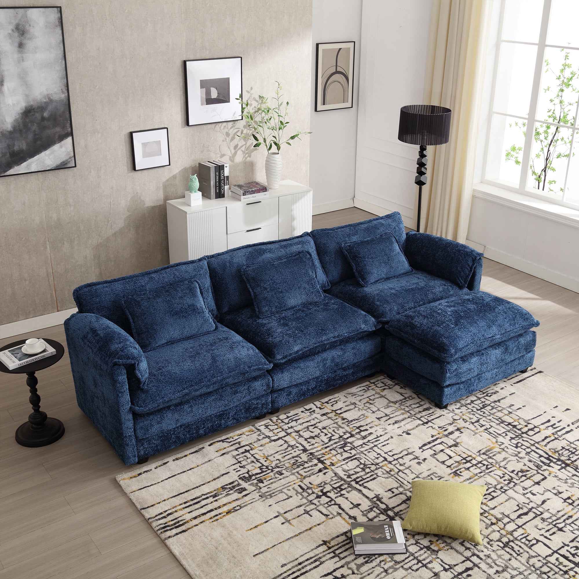 MOONMISS Chenille Upholstered L-Shape Comfy Oversized Modular Sectional Sleeper Sofa with Moveable Ottoman-Navy Blue