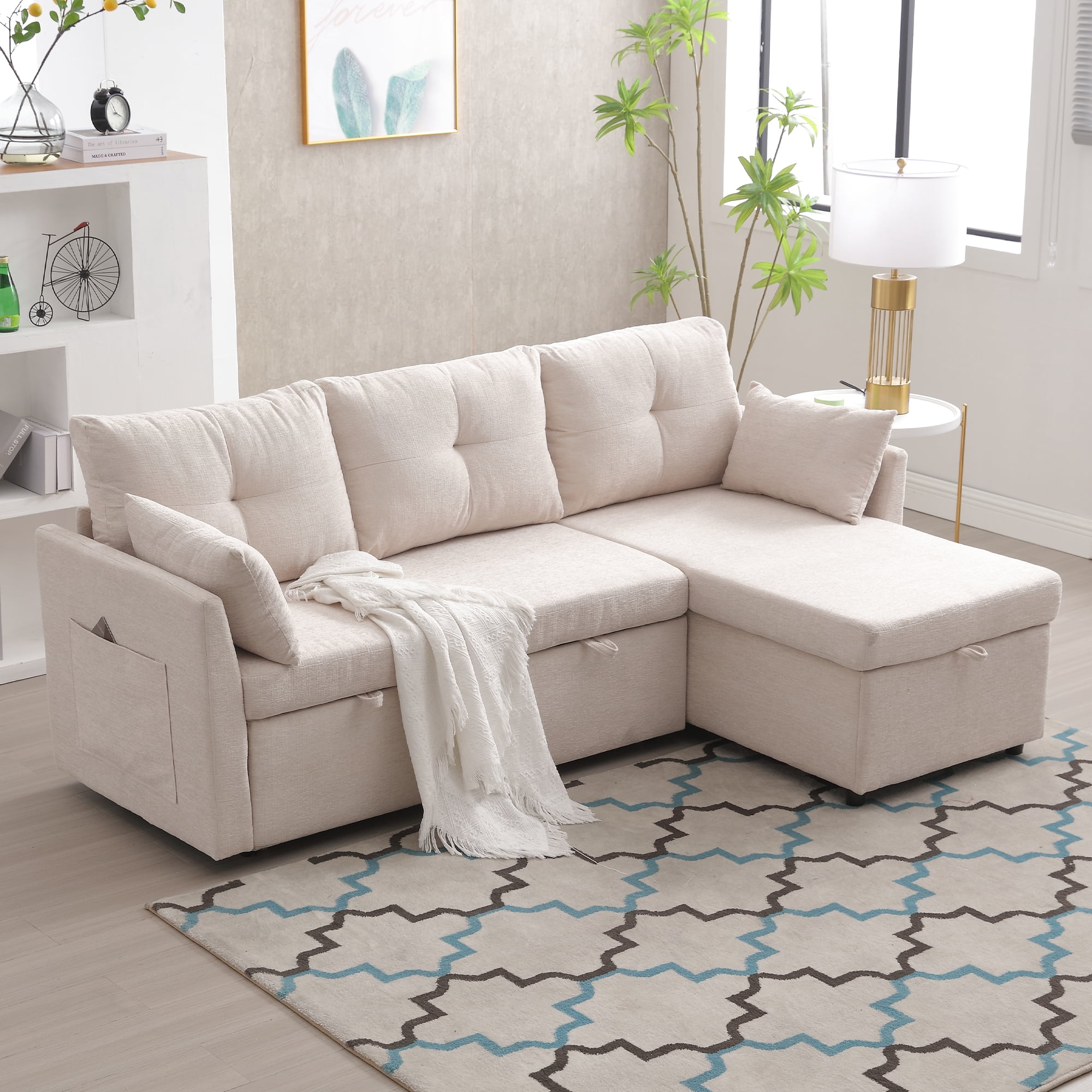 MOONMISS Chenille Upholstered L-Shaped Storage Reversible Chaise Sectional Sofa with Side Pocket-Beige