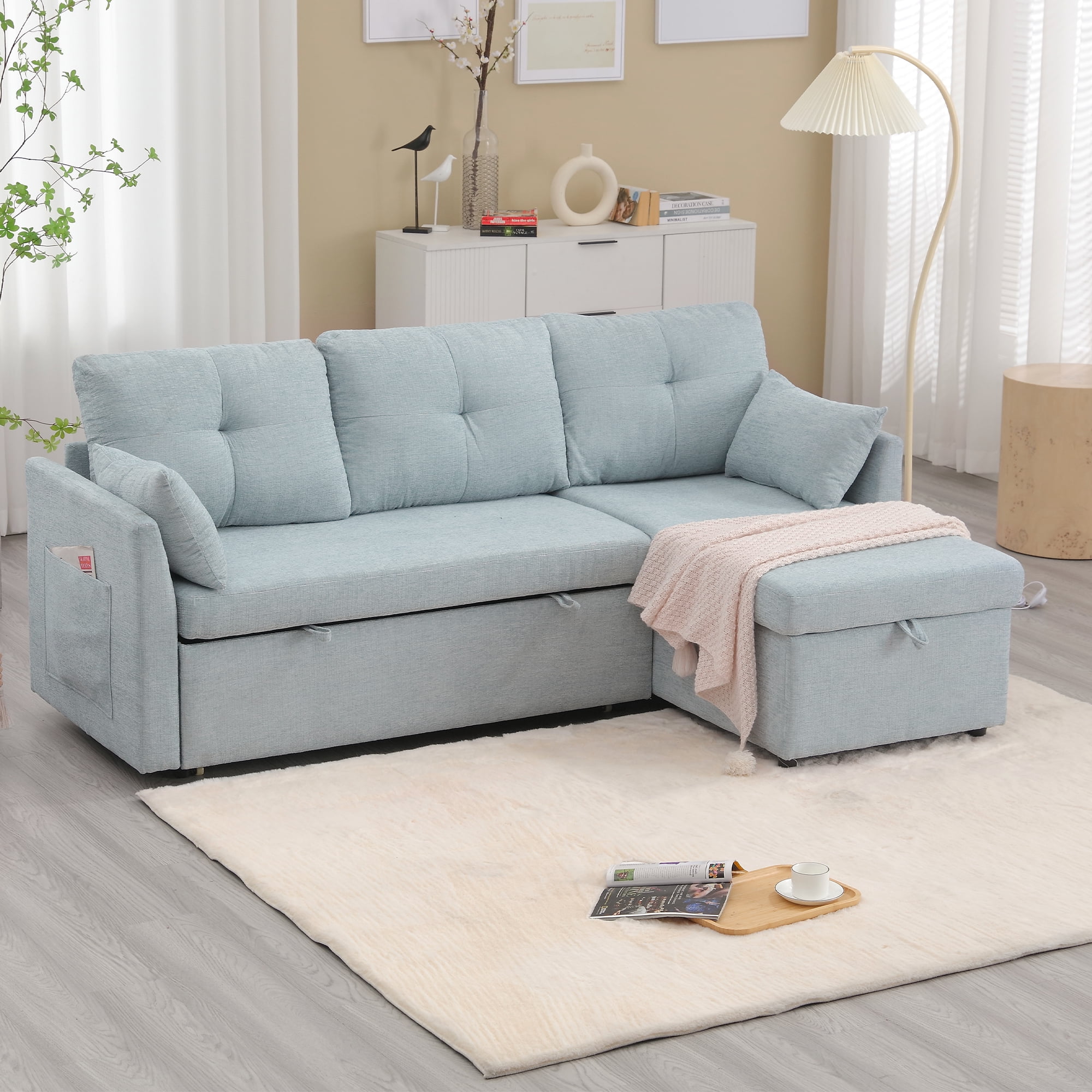 MOONMISS Chenille Upholstered L-Shaped Storage Reversible Chaise Sectional Sofa with Side Pocket-Mint Green
