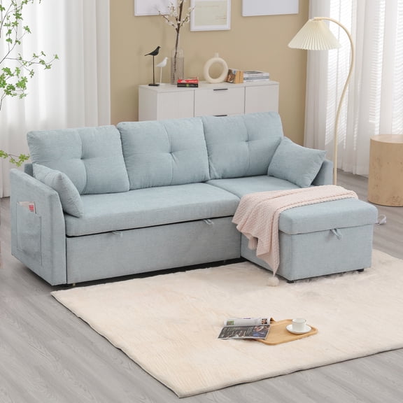 MOONMISS Chenille Upholstered L-Shaped Storage Reversible Chaise Sectional Sofa with Side Pocket-Mint Green