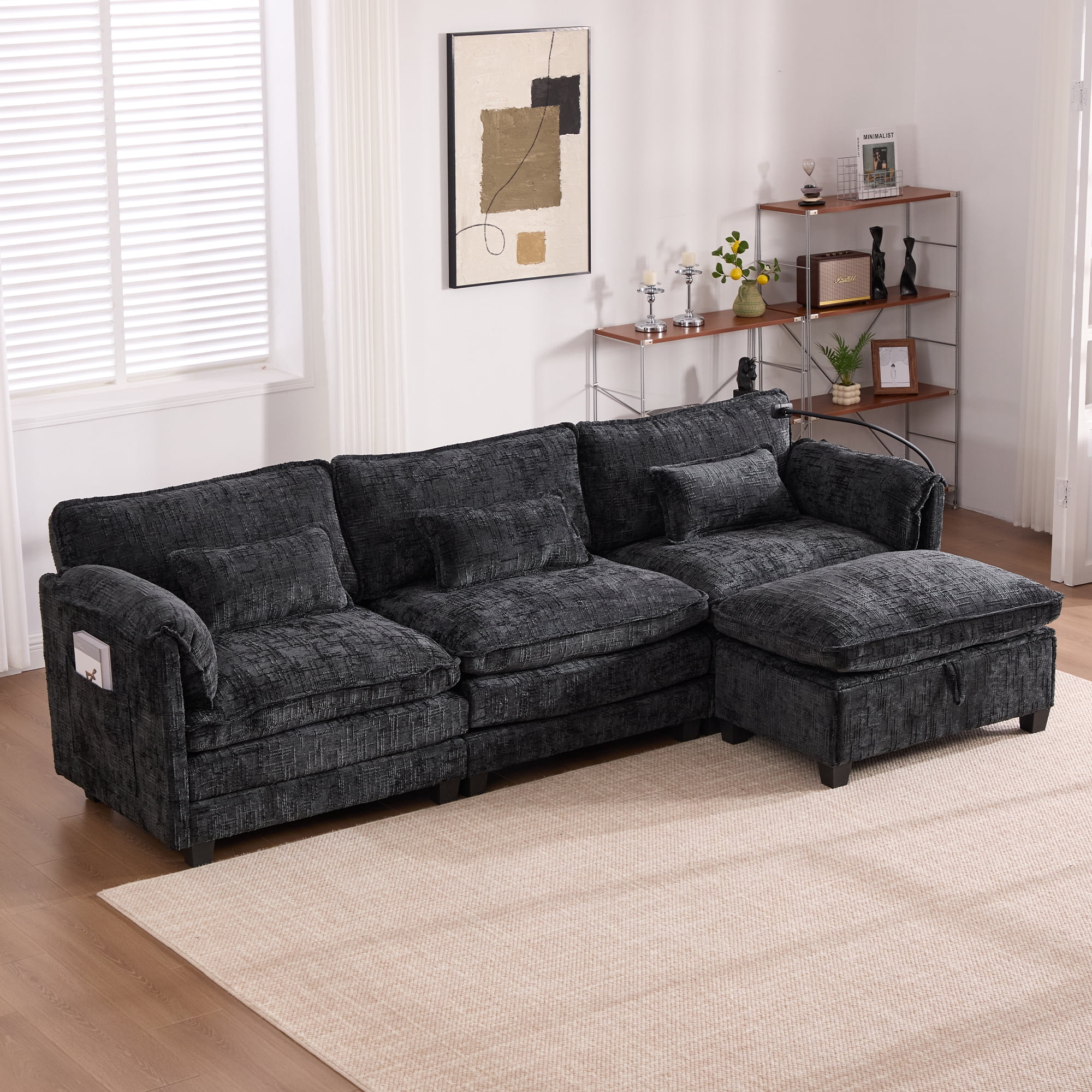 MOONMISS Chenille Upholstered L-shaped Modular Sectional Sleeper Sofa with Movable Storage Ottoman,USB&TYPE-C-Black