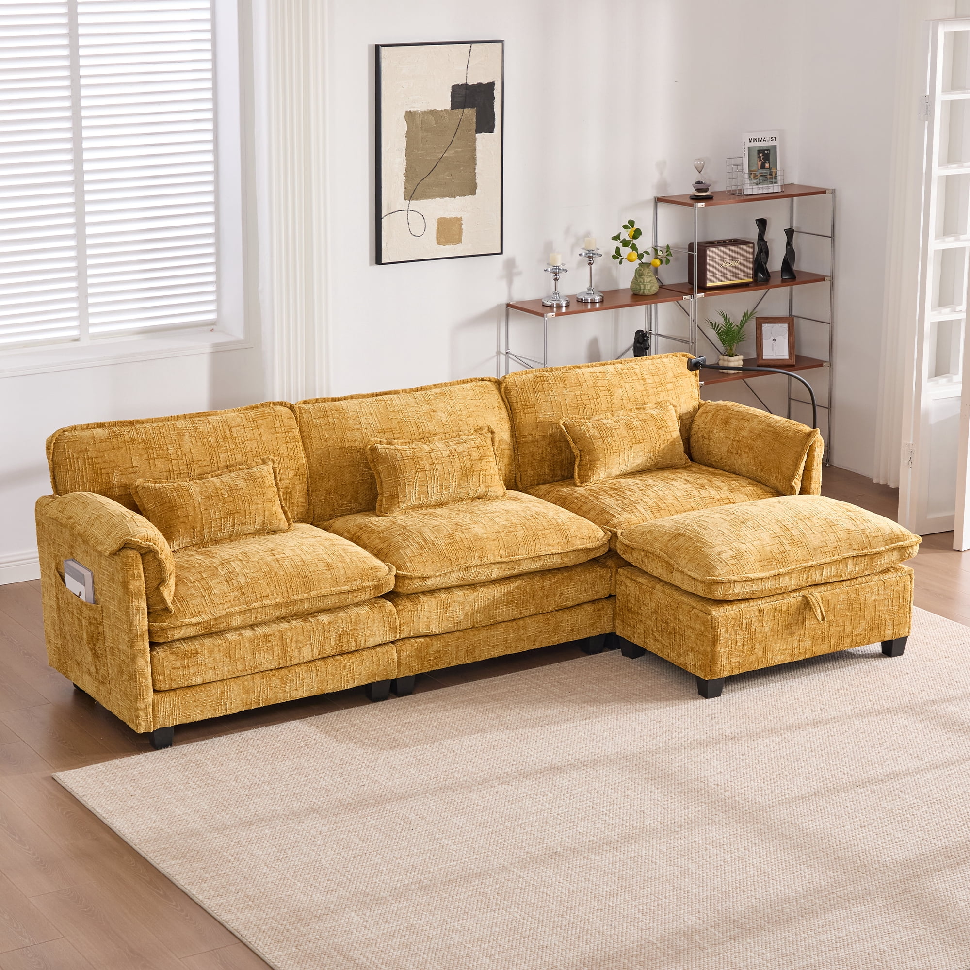 MOONMISS Chenille Upholstered L-shaped Modular Sectional Sleeper Sofa with Movable Storage Ottoman,USB&TYPE-C-Yellow