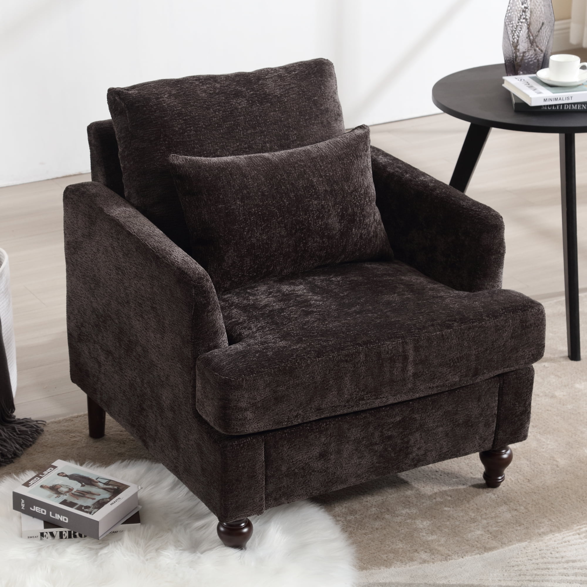 MOONMISS Chenille Upholstered Mid Century Modern Wood Frame Armchair-BLACK