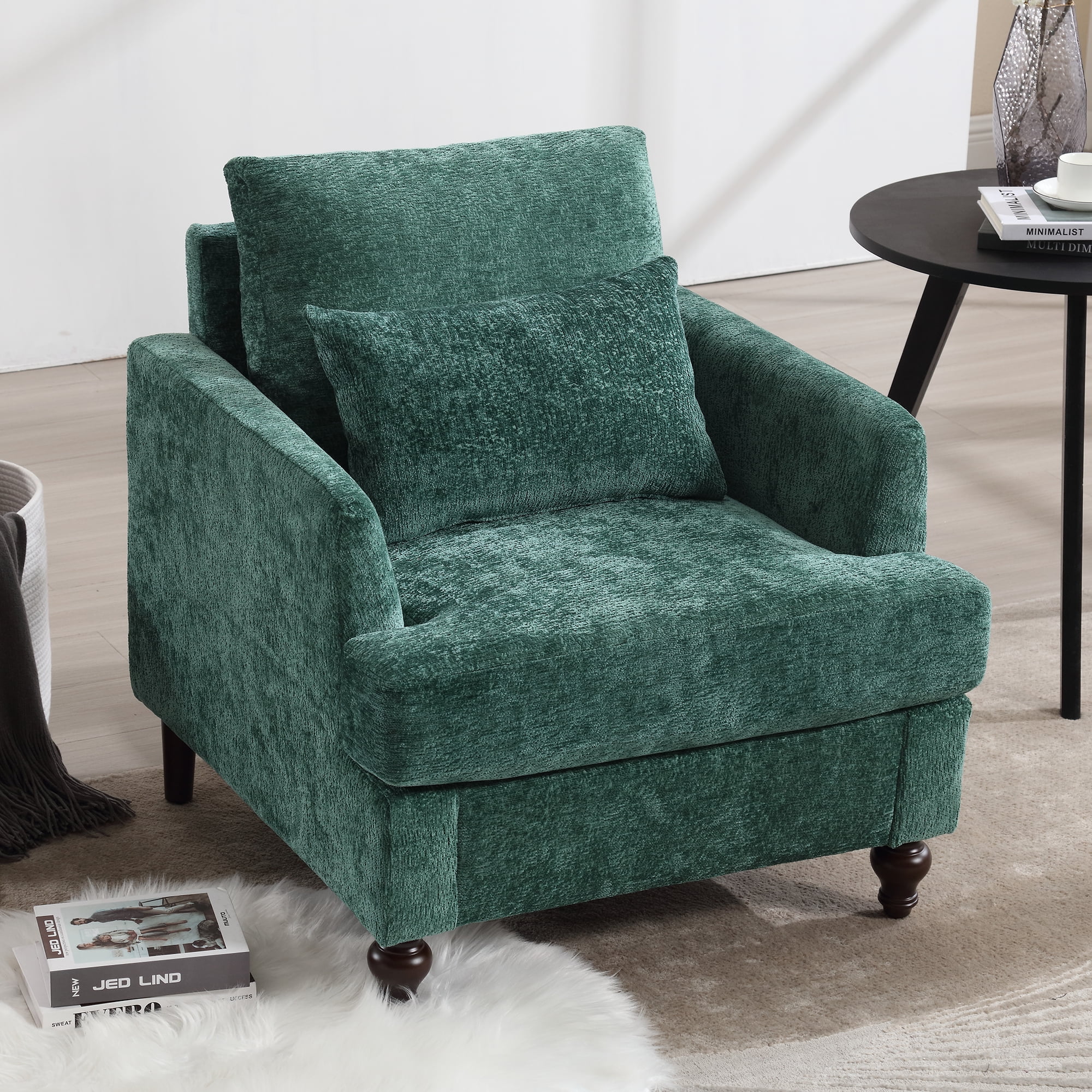 MOONMISS Chenille Upholstered Mid Century Modern Wood Frame Armchair-EMERALD