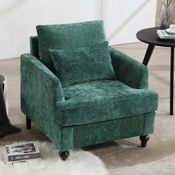 MOONMISS Chenille Upholstered Mid Century Modern Wood Frame Armchair-EMERALD