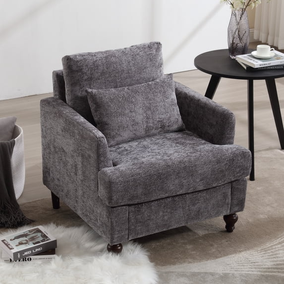 MOONMISS Chenille Upholstered Mid Century Modern Wood Frame Armchair-GREY
