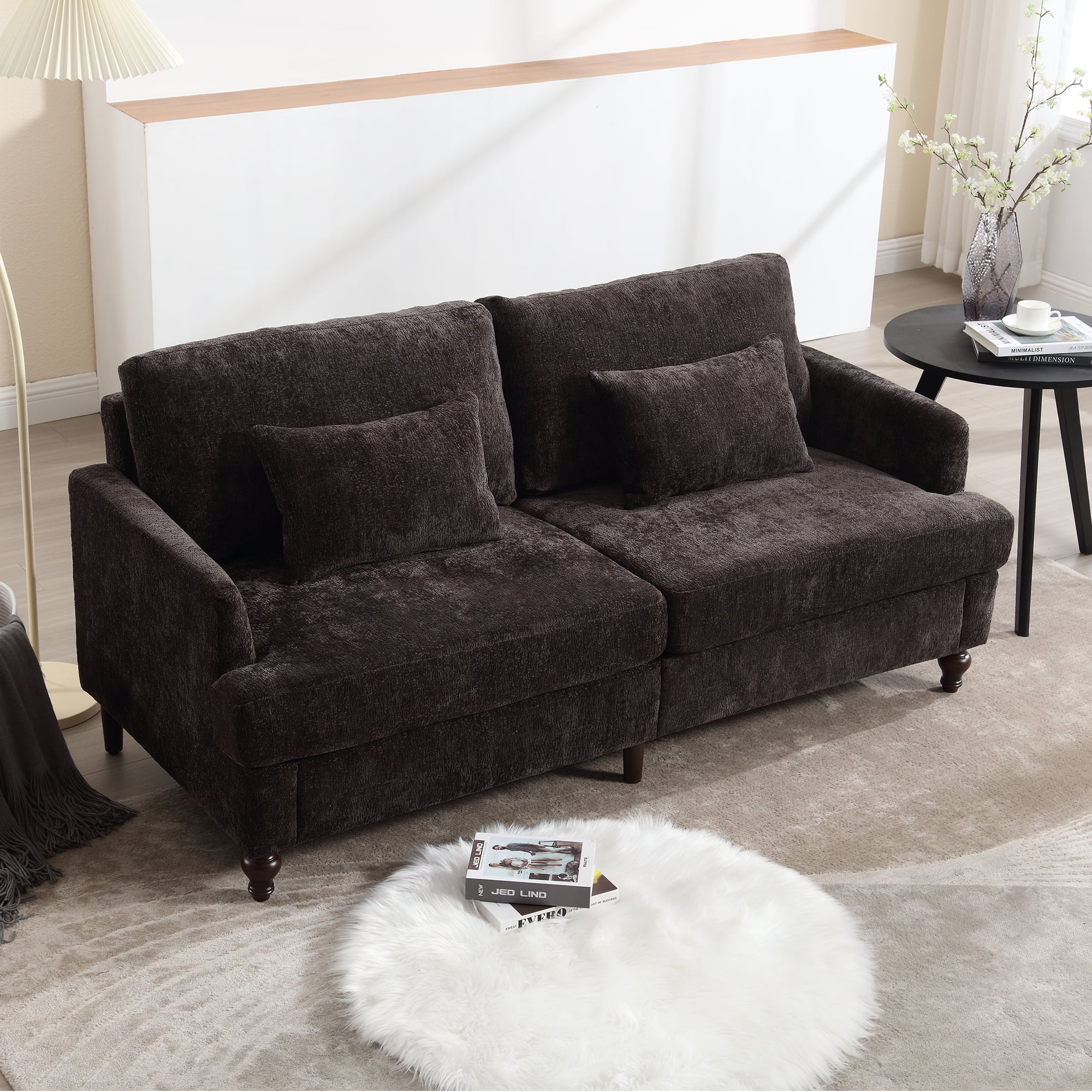 MOONMISS Chenille Upholstered Mid Century Modern Wood Frame Loveseat-Black