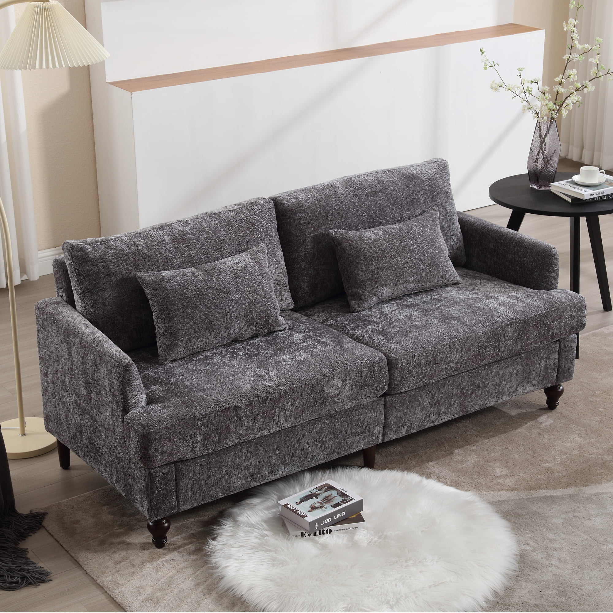 MOONMISS Chenille Upholstered Mid Century Modern Wood Frame Loveseat-Gray