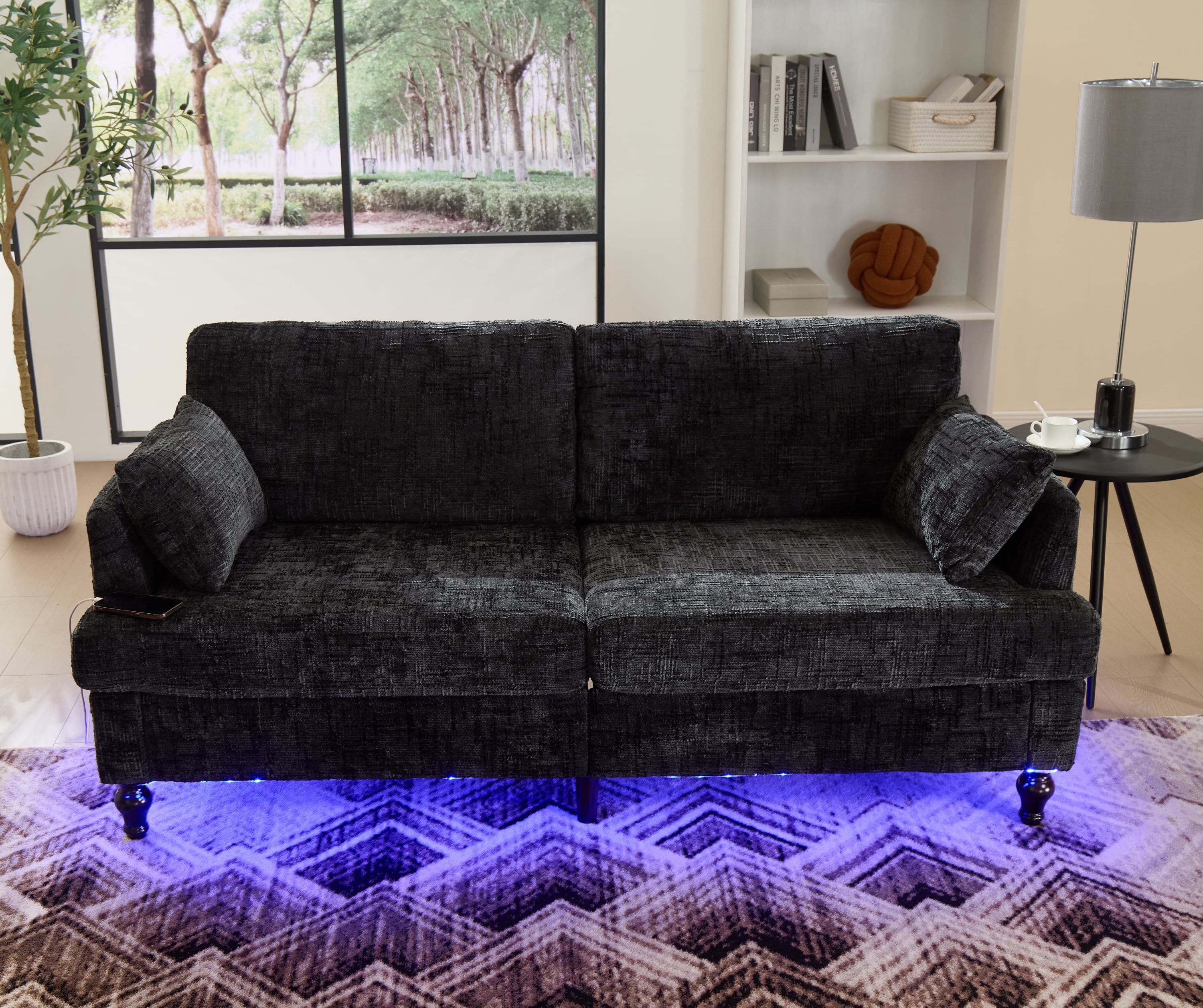 MOONMISS Chenille Upholstered Mid Century Modern Wood Frame Loveseats Sofa with LED light,USB and Side Pocket-Black