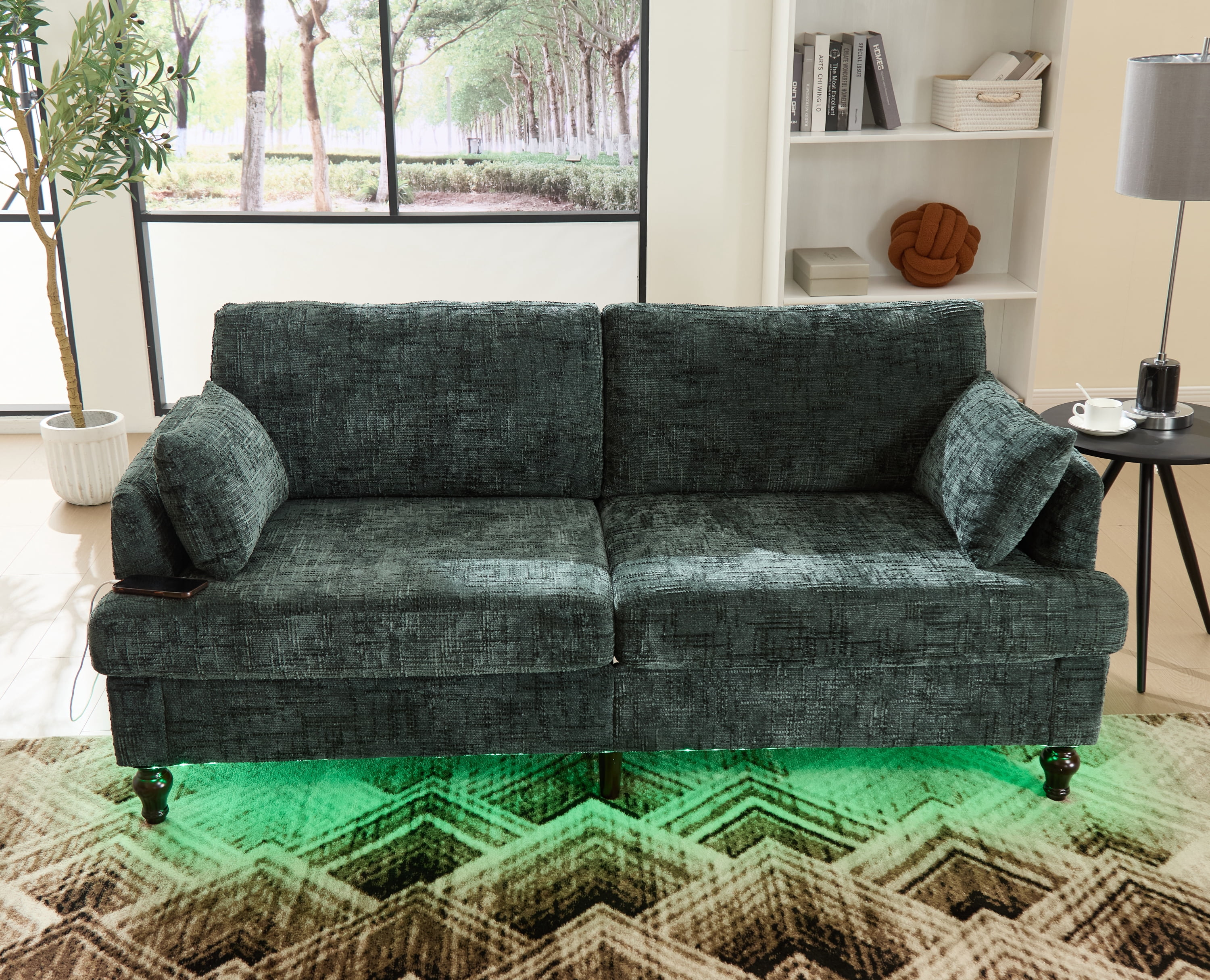 MOONMISS Chenille Upholstered Mid Century Modern Wood Frame Loveseats Sofa with LED light,USB and Side Pocket-Emerald