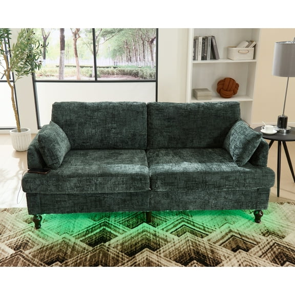 MOONMISS Chenille Upholstered Mid Century Modern Wood Frame Loveseats Sofa with LED light,USB and Side Pocket-Emerald