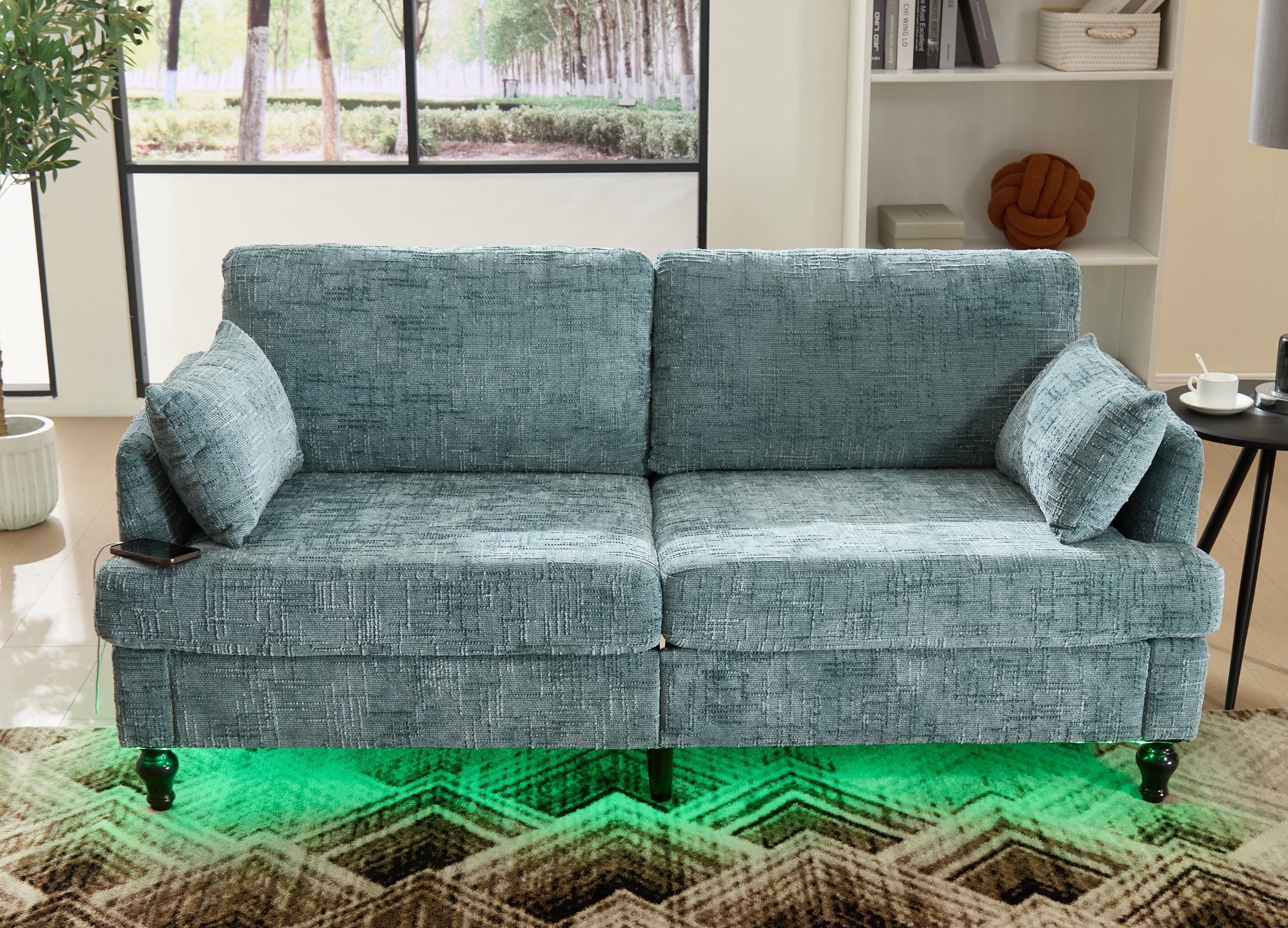 MOONMISS Chenille Upholstered Mid Century Modern Wood Frame Loveseats Sofa with LED light,USB and Side Pocket-Lake Blue
