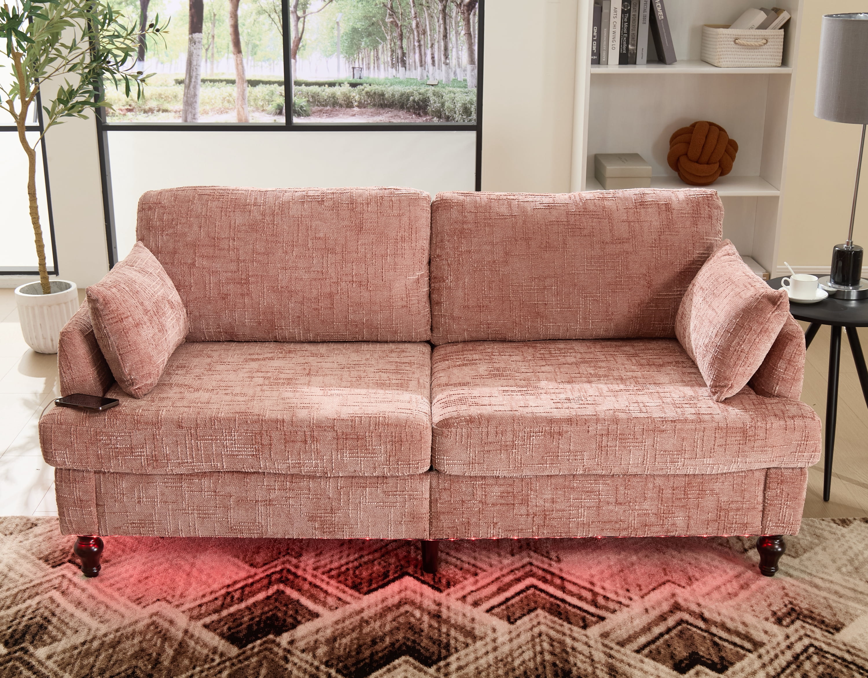 MOONMISS Chenille Upholstered Mid Century Modern Wood Frame Loveseats Sofa with LED light,USB and Side Pocket-Pink