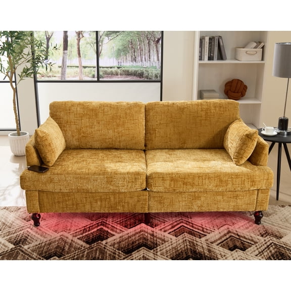 MOONMISS Chenille Upholstered Mid Century Modern Wood Frame Loveseats Sofa with LED light,USB and Side Pocket-Yellow