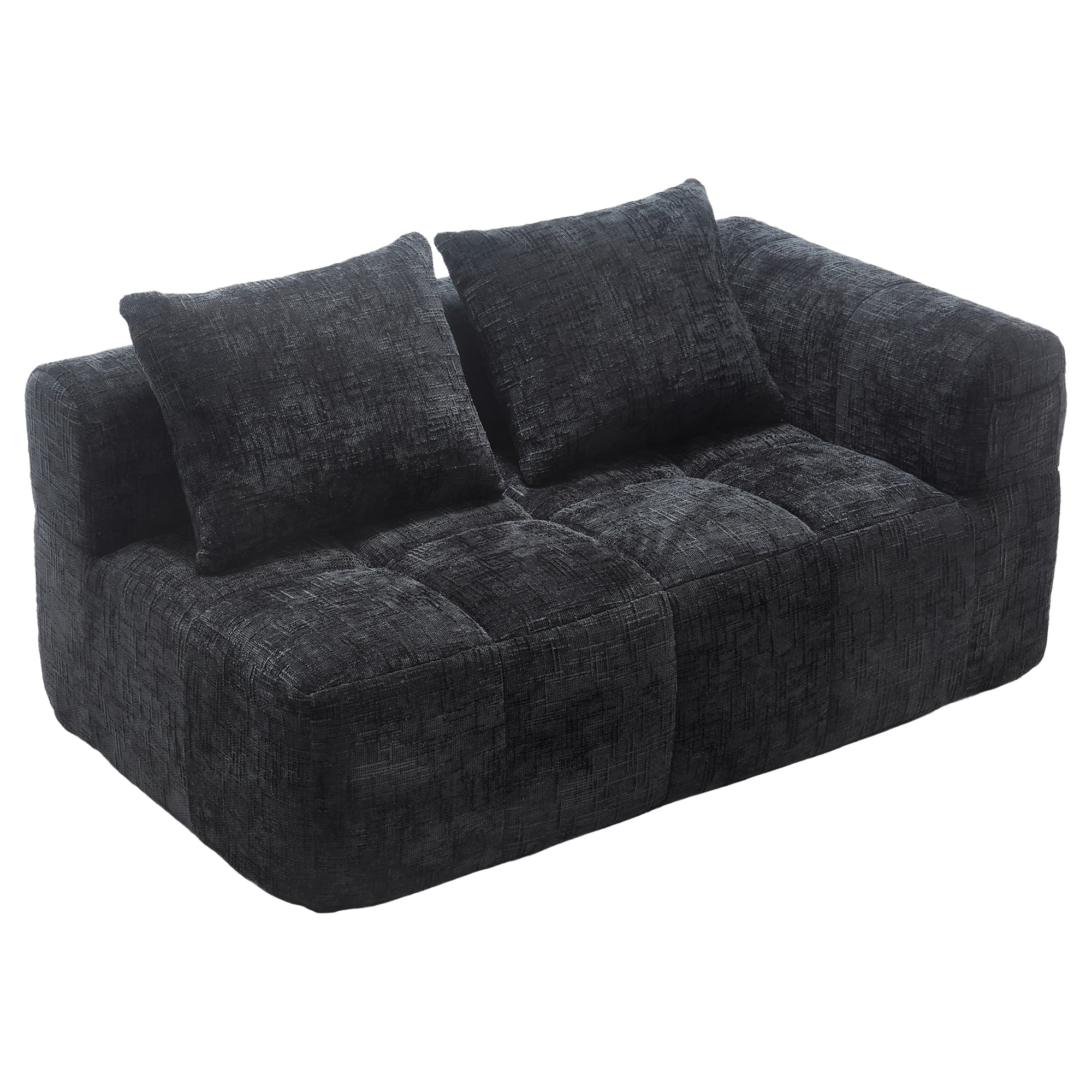 MOONMISS Chenille Upholstered Modern 2-Seater Lazy Compression Sofa with Small Side Pocket-Black