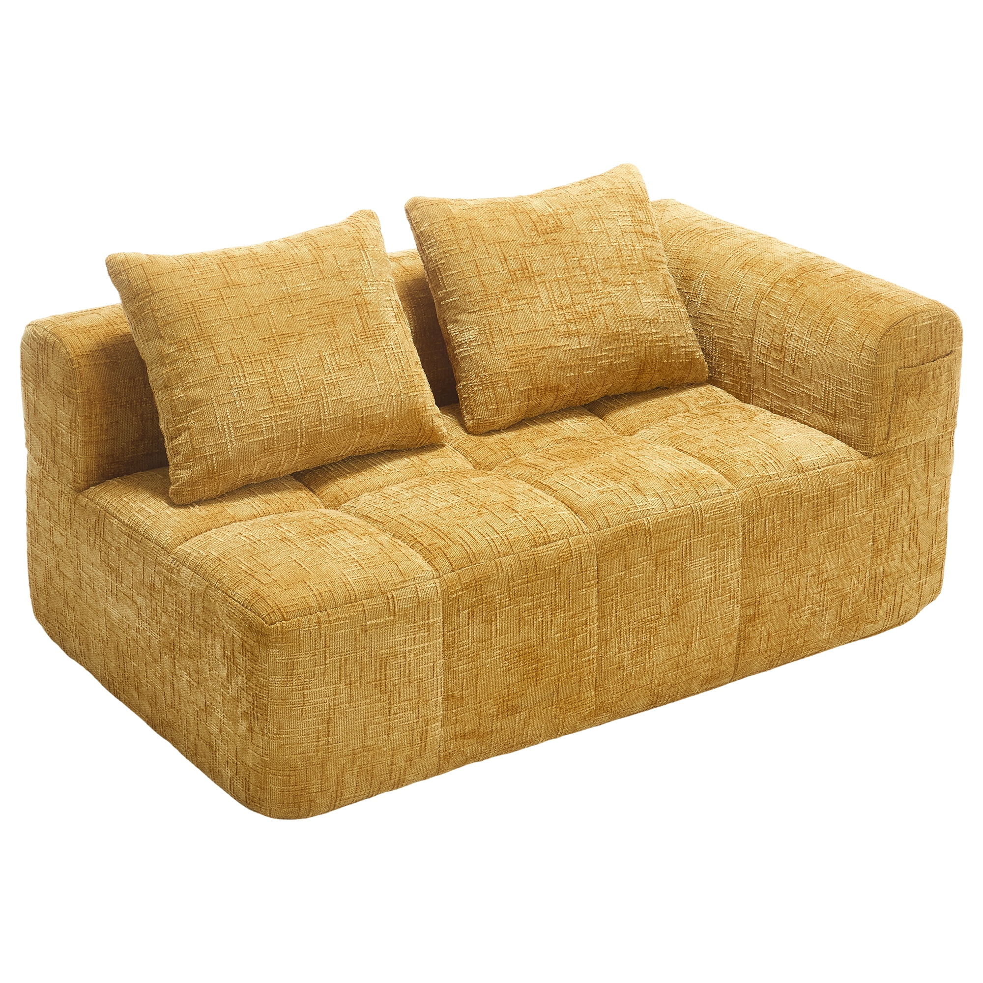 MOONMISS Chenille Upholstered Modern 2-Seater Lazy Compression Sofa with Small Side Pocket-Yellow