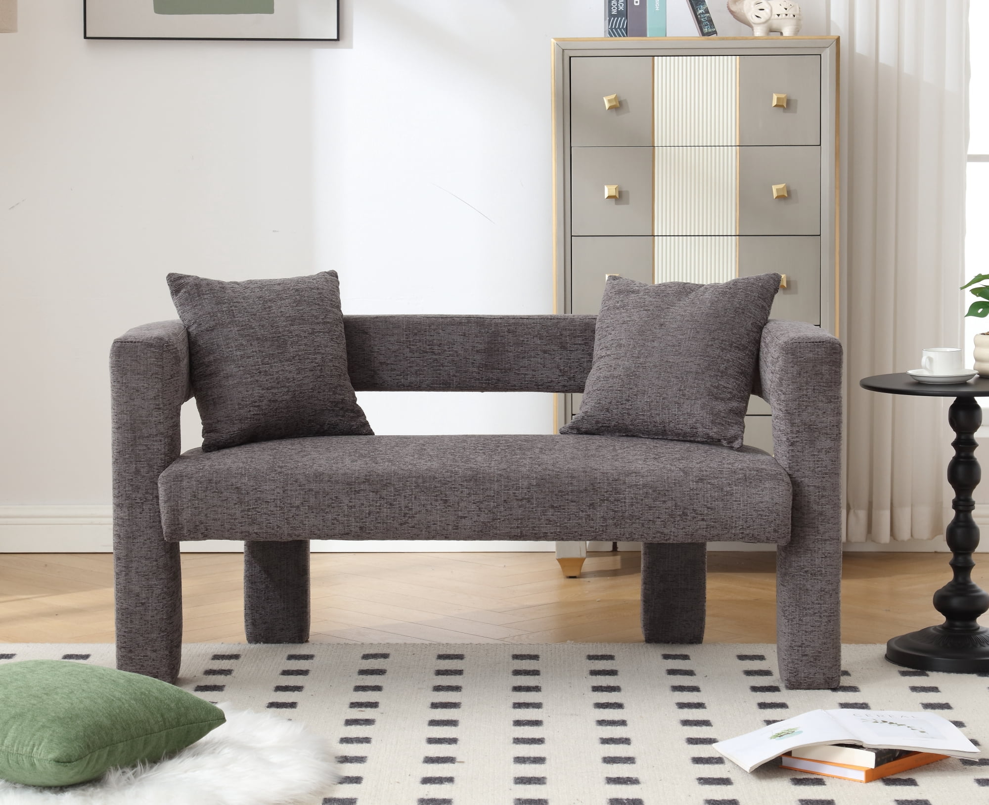 MOONMISS Chenille Upholstered Modern Comfy 2-Seater Loveseat Chair with 2 Pillows-Gray
