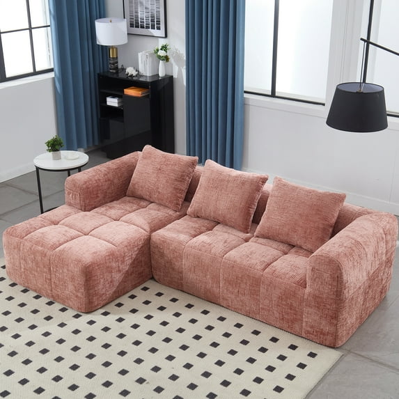 MOONMISS Chenille Upholstered Modern Modular L-shaped Sectional Compression Sofa with 3 Pillows-Pink