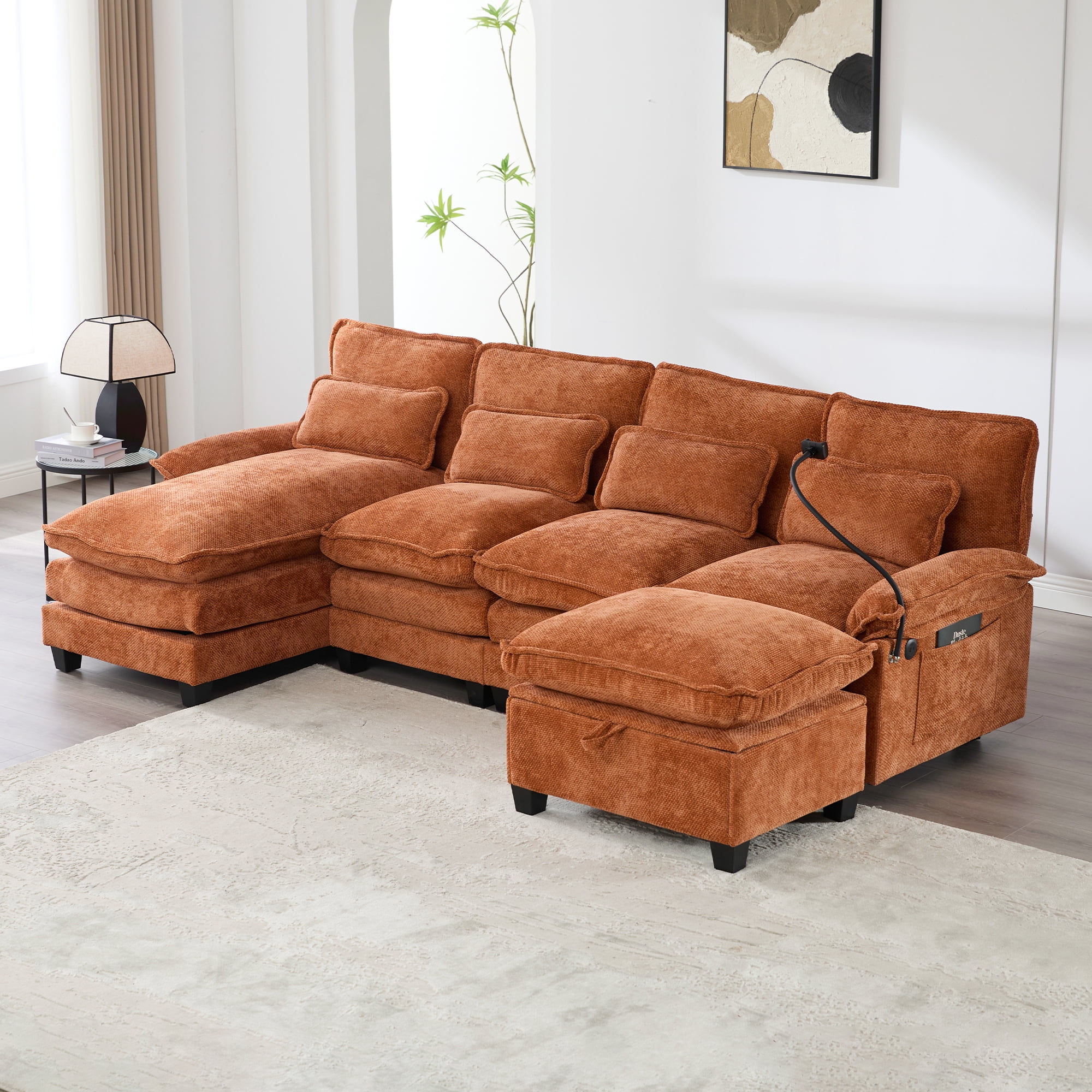 MOONMISS Chenille Upholstered Oversized U-shaped Comfy Modular Sectional Sofa with Storage Ottoman-Orange