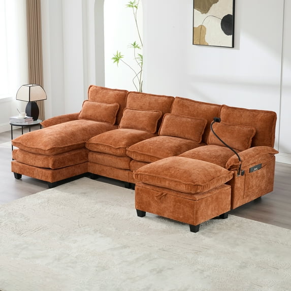 MOONMISS Chenille Upholstered Oversized U-shaped Comfy Modular Sectional Sofa with Storage Ottoman-Orange