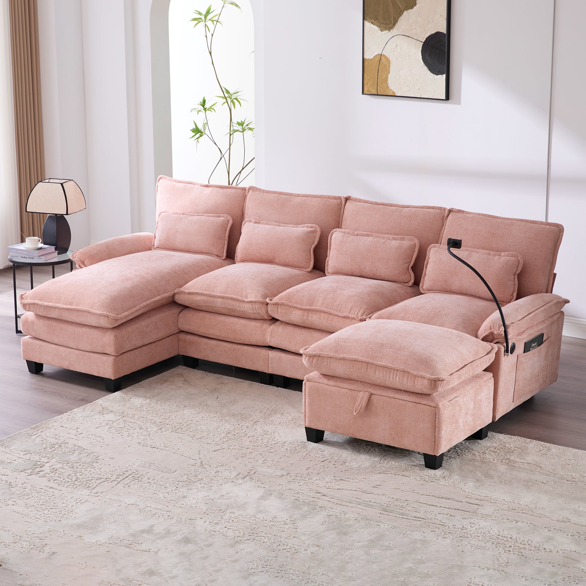 MOONMISS Chenille Upholstered Oversized U-shaped Comfy Modular Sectional Sofa with Storage Ottoman-Pink