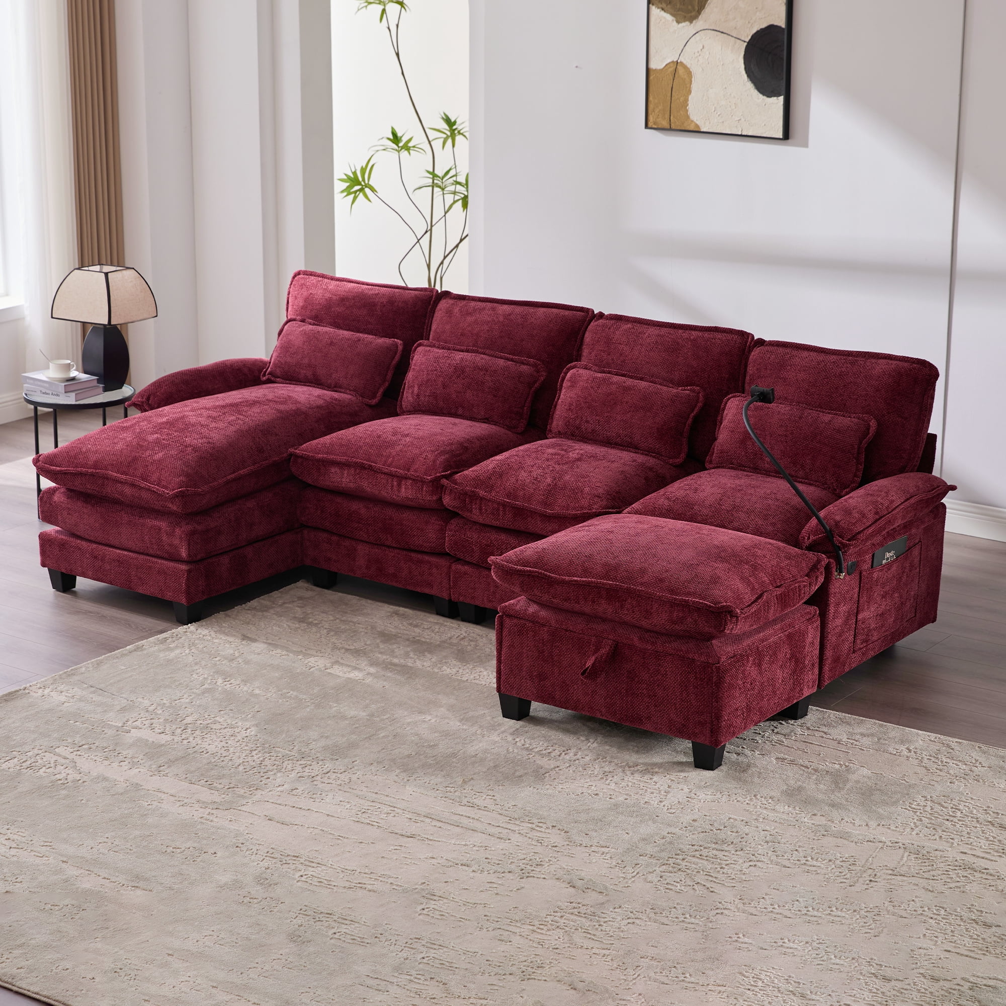 MOONMISS Chenille Upholstered Oversized U-shaped Comfy Modular Sectional Sofa with Storage Ottoman-Wine Red