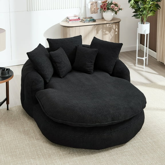 MOONMISS Chenille Upholstered Oversized Wrap Around Deep Seat Bean Bag Lazy Sofa with 5 Pillows-Black