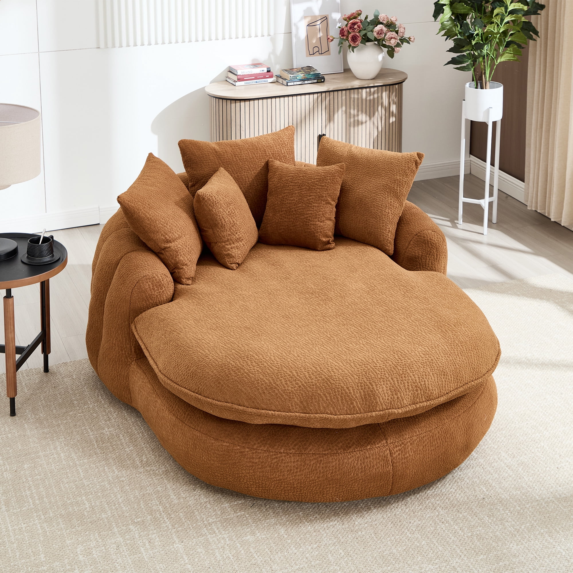MOONMISS Chenille Upholstered Oversized Wrap Around Deep Seat Bean Bag Lazy Sofa with 5 Pillows-Orange