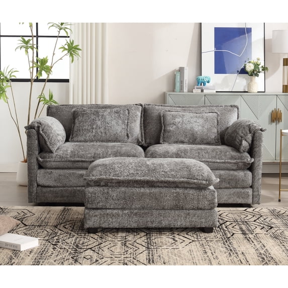 MOONMISS Chenille Upholstered Removable Armrests High Density Sponge Filling Oversized Double Sofa with Ottoman-Gray