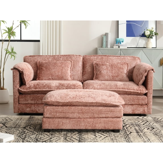 MOONMISS Chenille Upholstered Removable Armrests High Density Sponge Filling Oversized Double Sofa with Ottoman-Pink