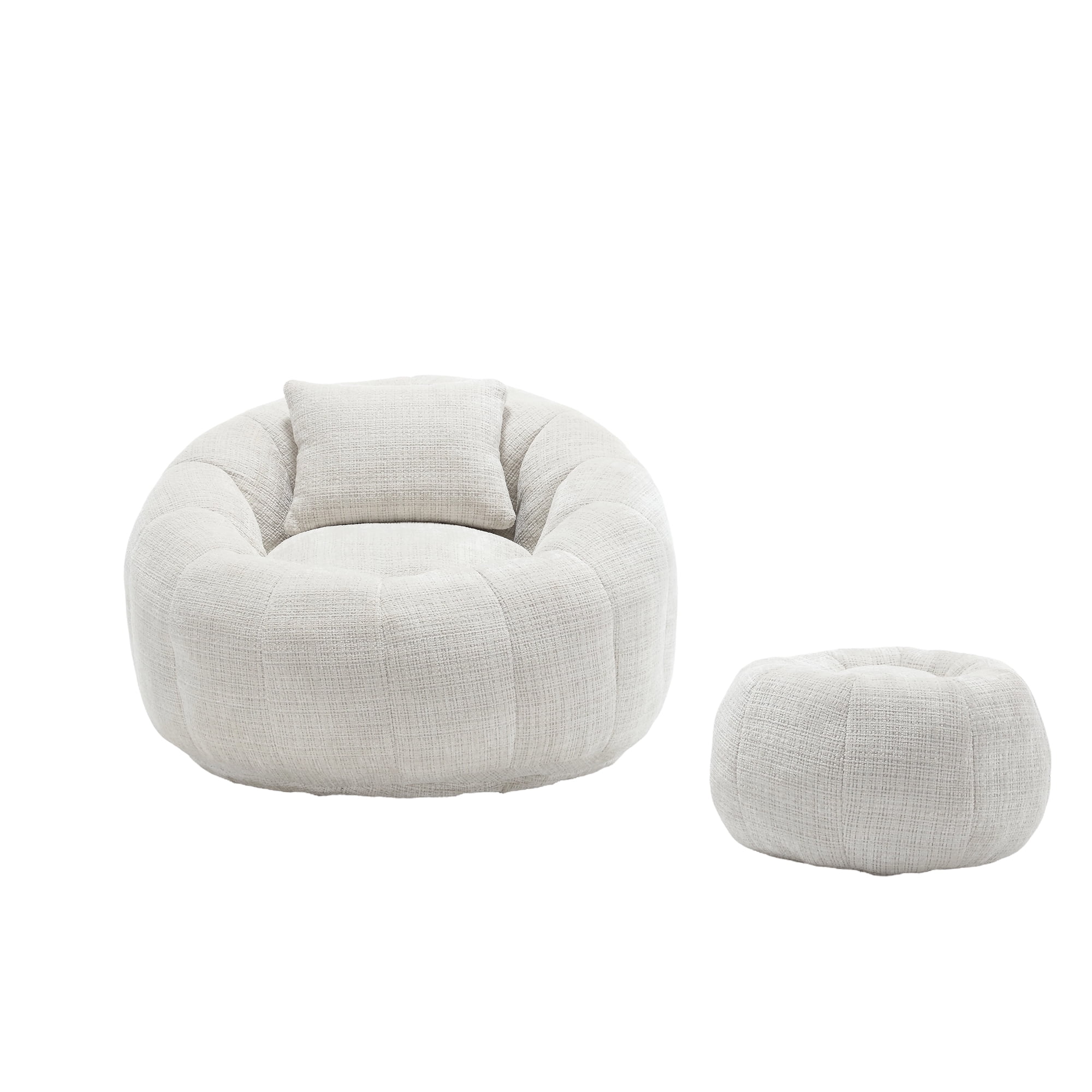 MOONMISS Chenille Upholstered Round Lazy Cozy Bean Bag Chair with Ottoman-BEIGE