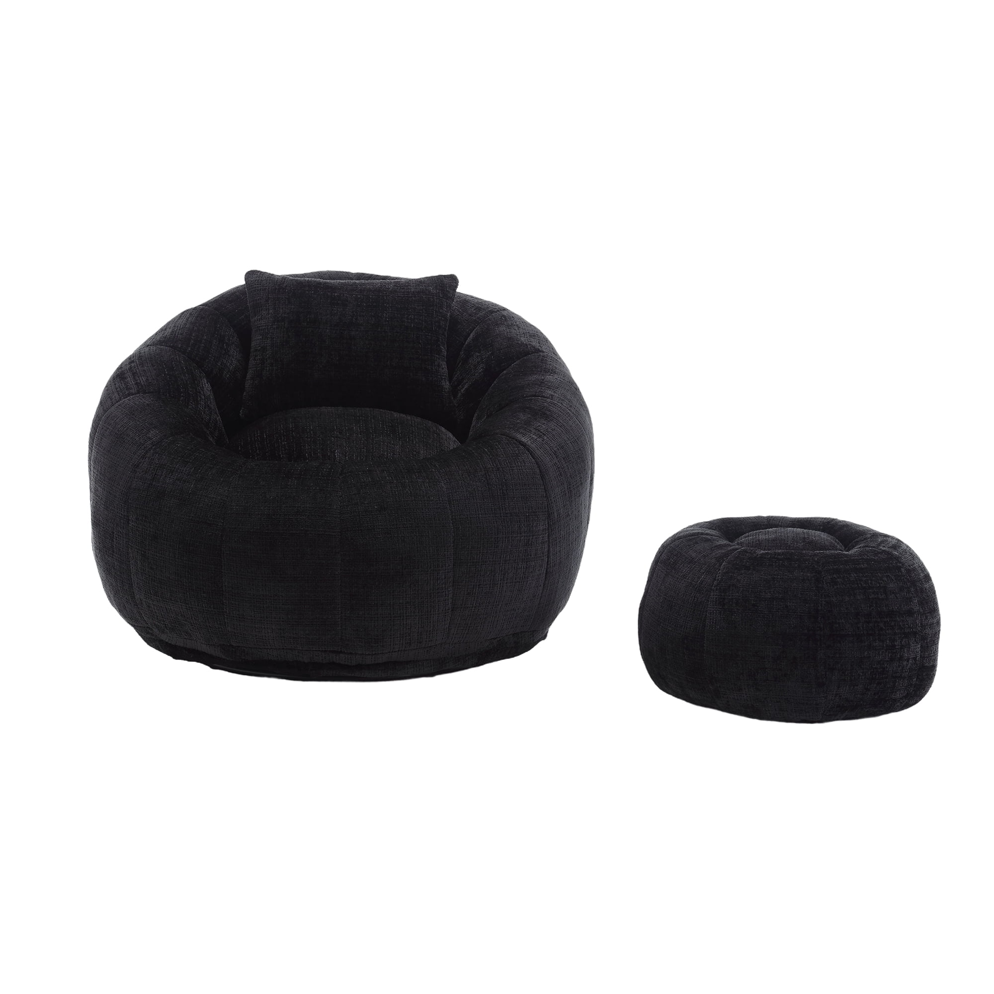 MOONMISS Chenille Upholstered Round Lazy Cozy Bean Bag Chair with Ottoman-BLACK