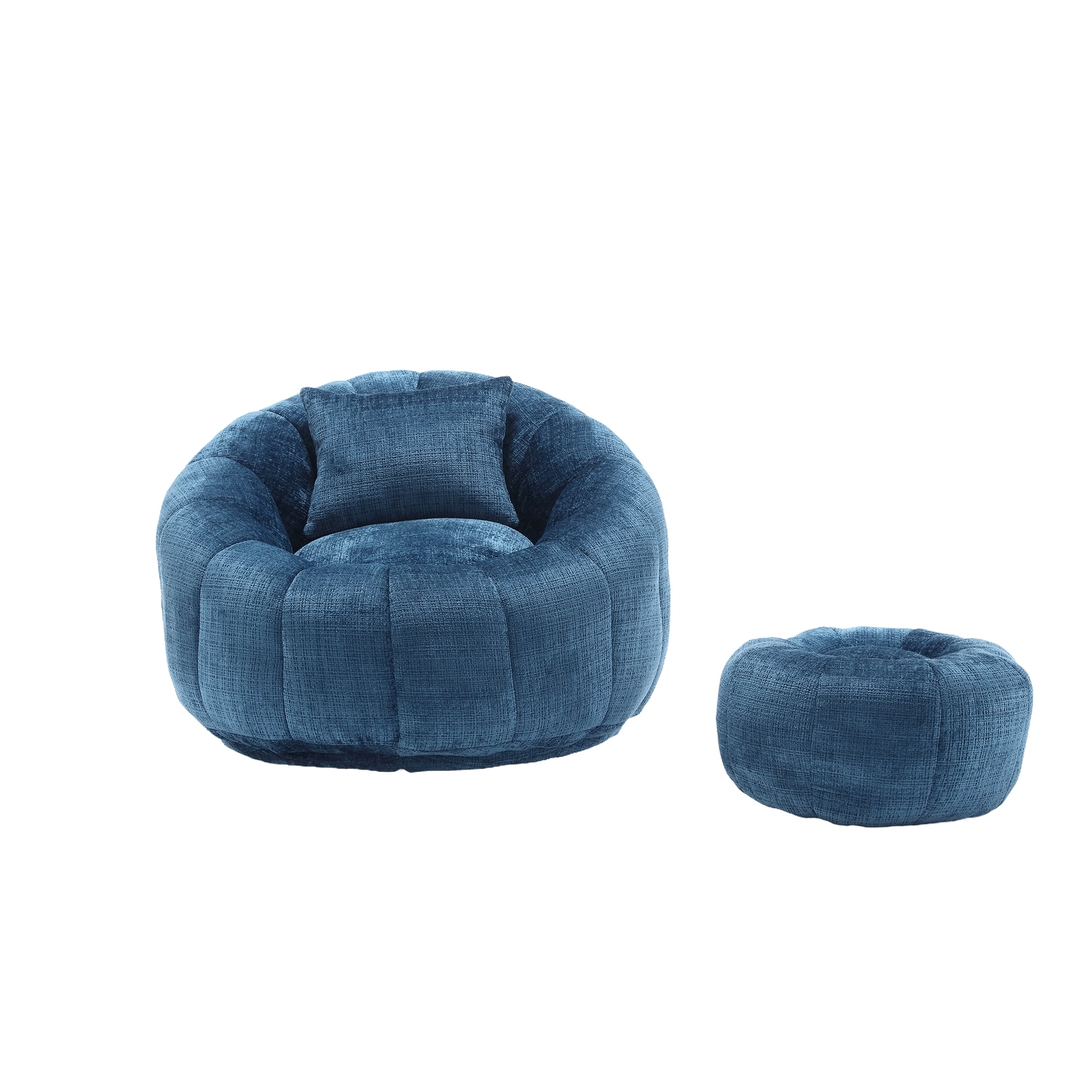 MOONMISS Chenille Upholstered Round Lazy Cozy Bean Bag Chair with Ottoman-NAVY