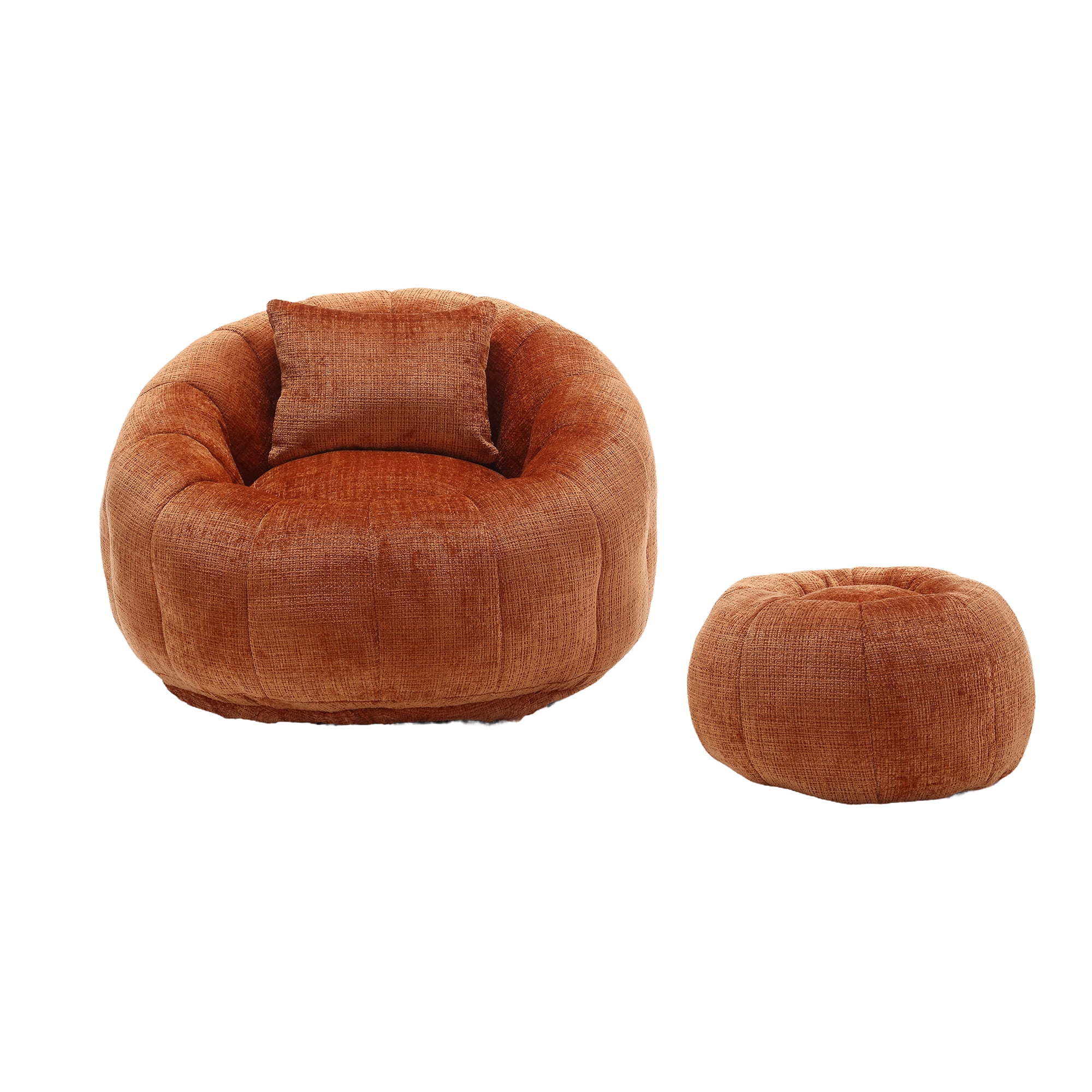 MOONMISS Chenille Upholstered Round Lazy Cozy Bean Bag Chair with Ottoman-ORANGE
