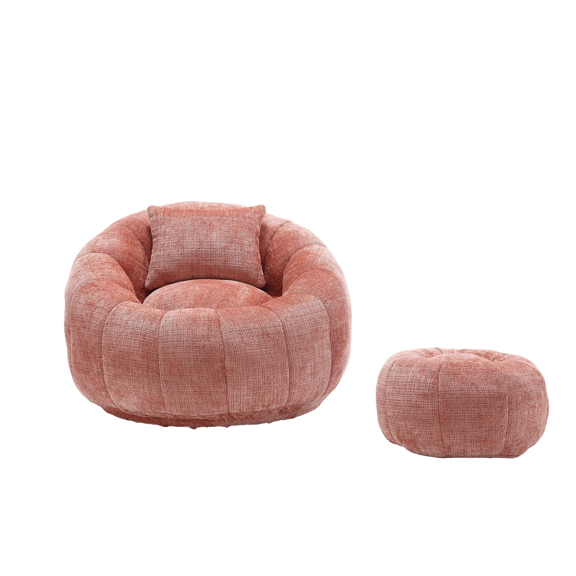 MOONMISS Chenille Upholstered Round Lazy Cozy Bean Bag Chair with Ottoman-PINK