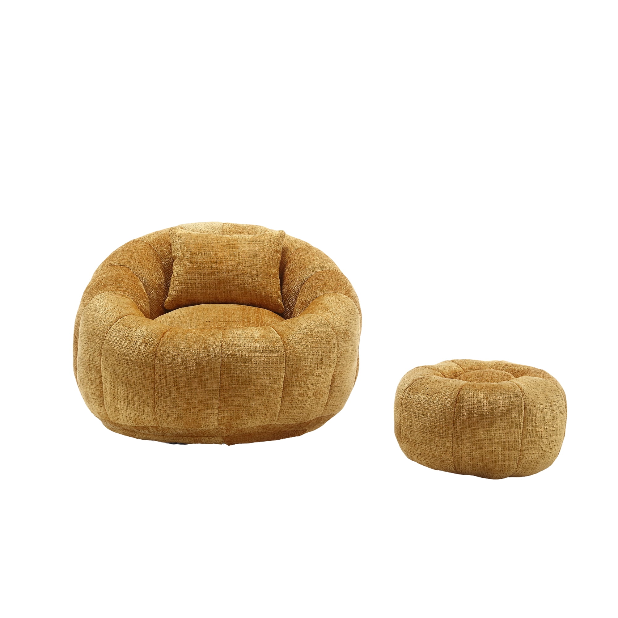 MOONMISS Chenille Upholstered Round Lazy Cozy Bean Bag Chair with Ottoman-YELLOW
