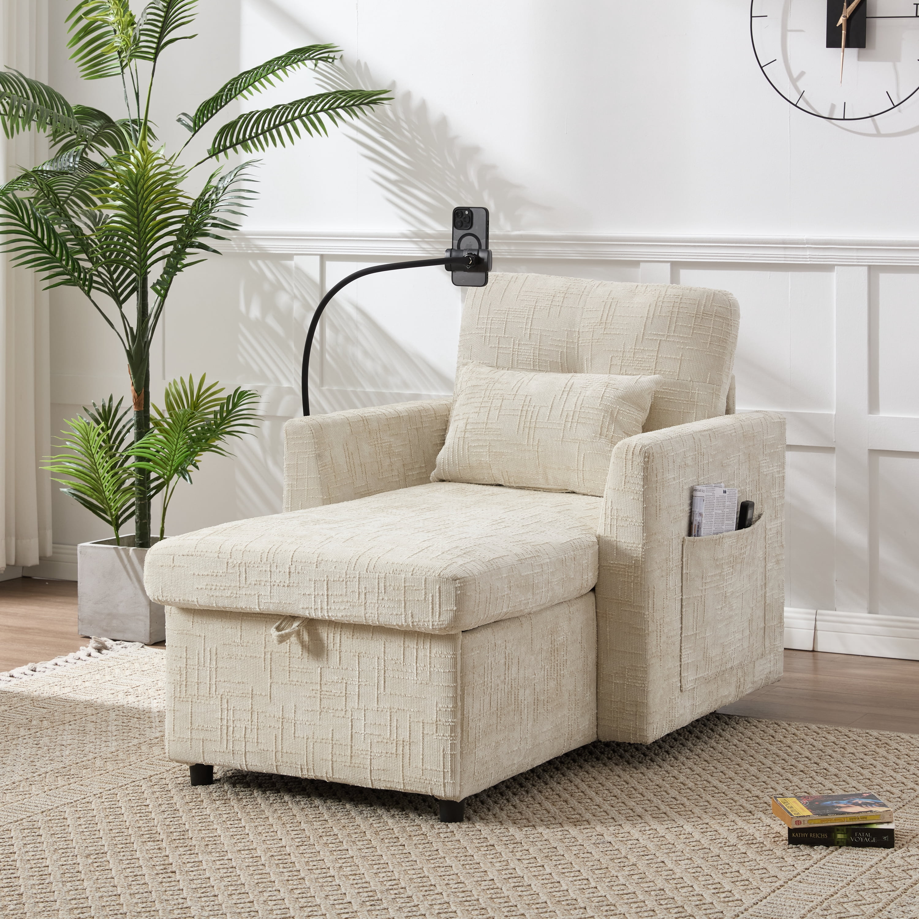 MOONMISS Chenille Upholstered Storage Lazy Single Leisure Chair Sofa with Phone Holder&Side Pocket-Beige