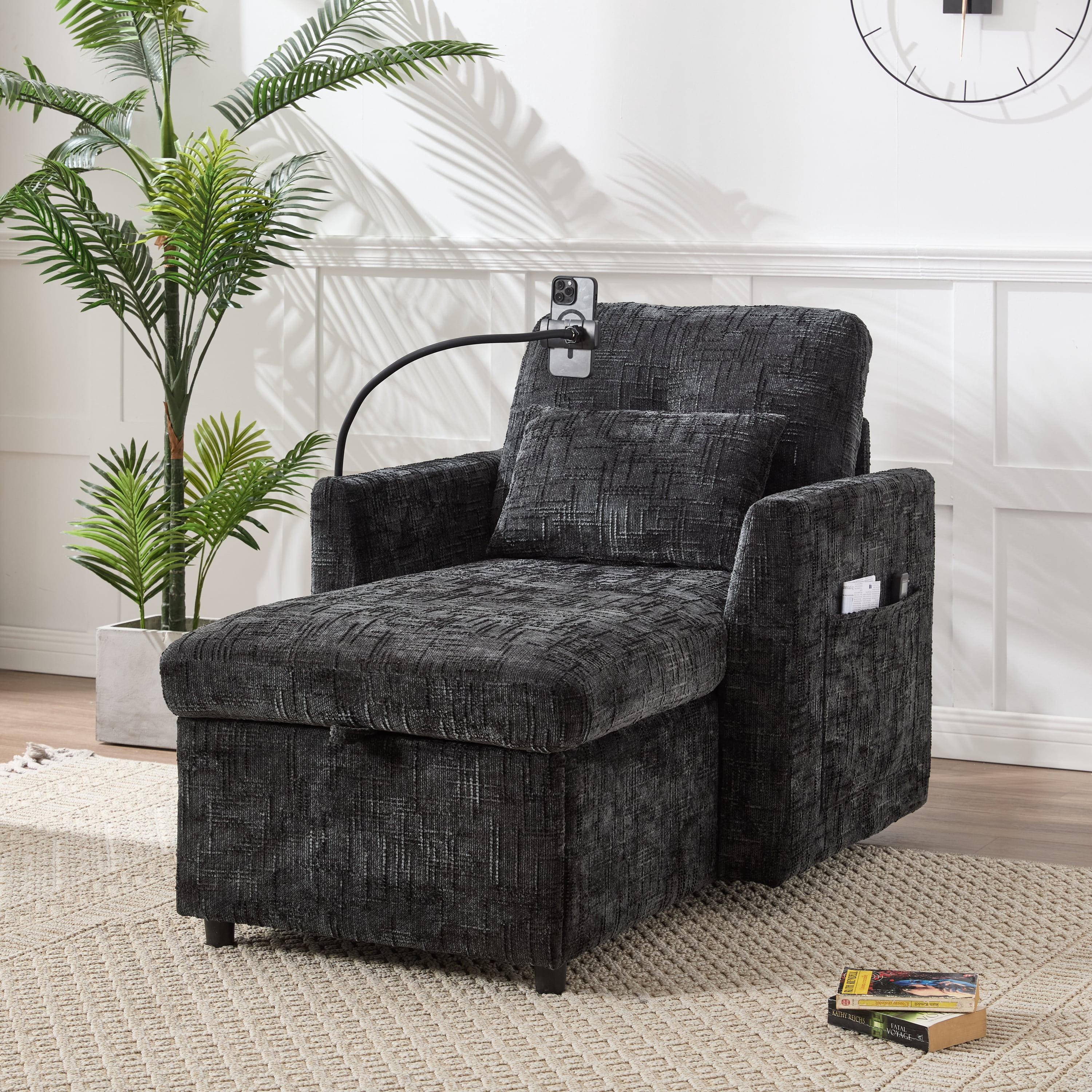 MOONMISS Chenille Upholstered Storage Lazy Single Leisure Chair Sofa with Phone Holder&Side Pocket-Black