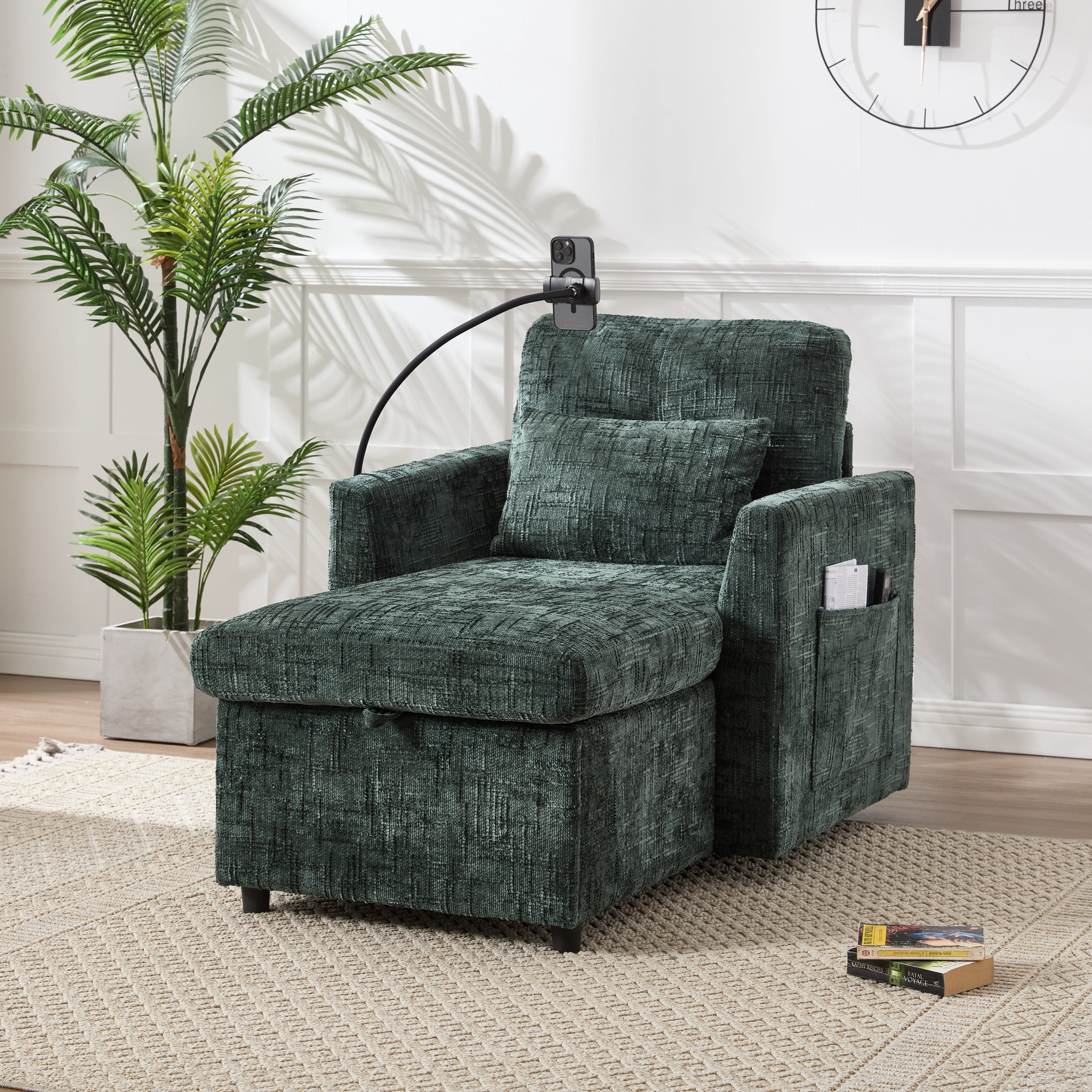 MOONMISS Chenille Upholstered Storage Lazy Single Leisure Chair Sofa with Phone Holder&Side Pocket-Emerald