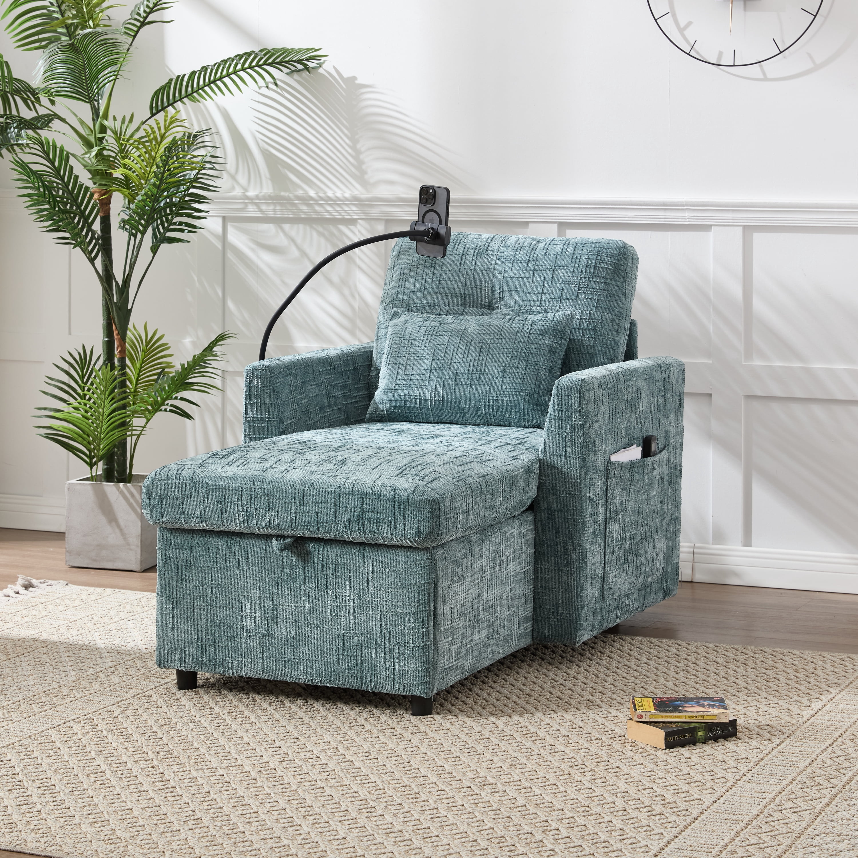 MOONMISS Chenille Upholstered Storage Lazy Single Leisure Chair Sofa with Phone Holder&Side Pocket-Lake Blue