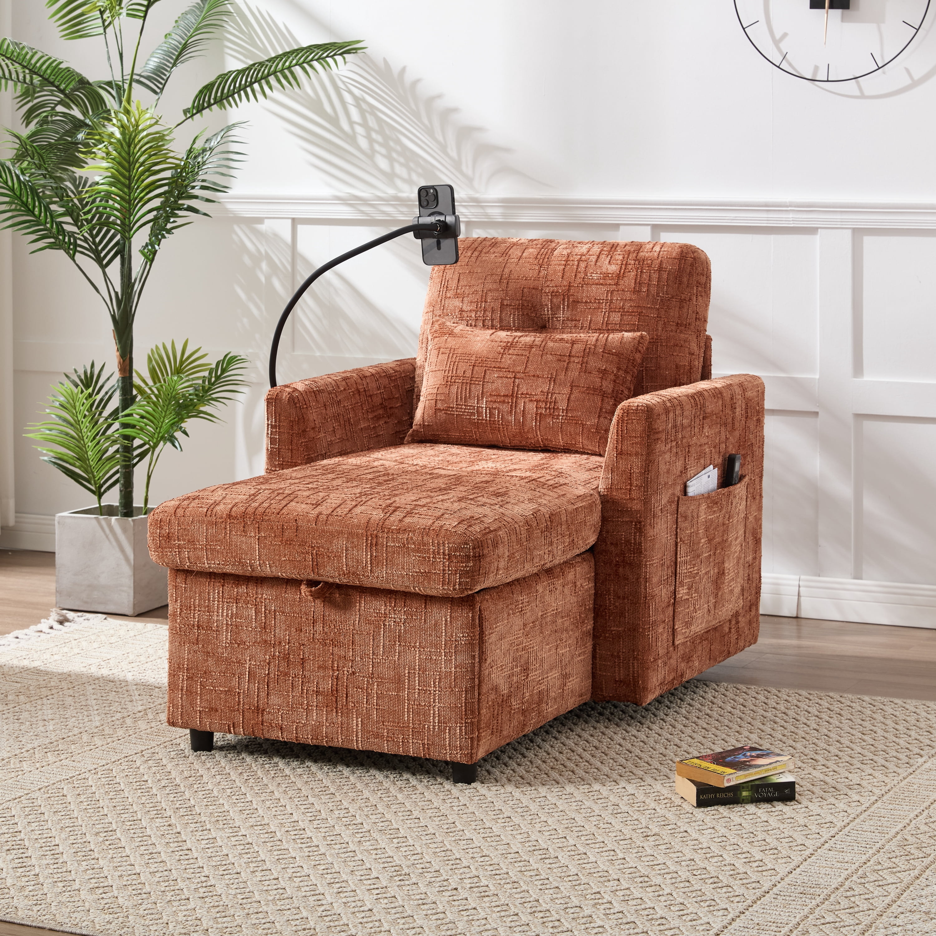 MOONMISS Chenille Upholstered Storage Lazy Single Leisure Chair Sofa with Phone Holder&Side Pocket-Orange