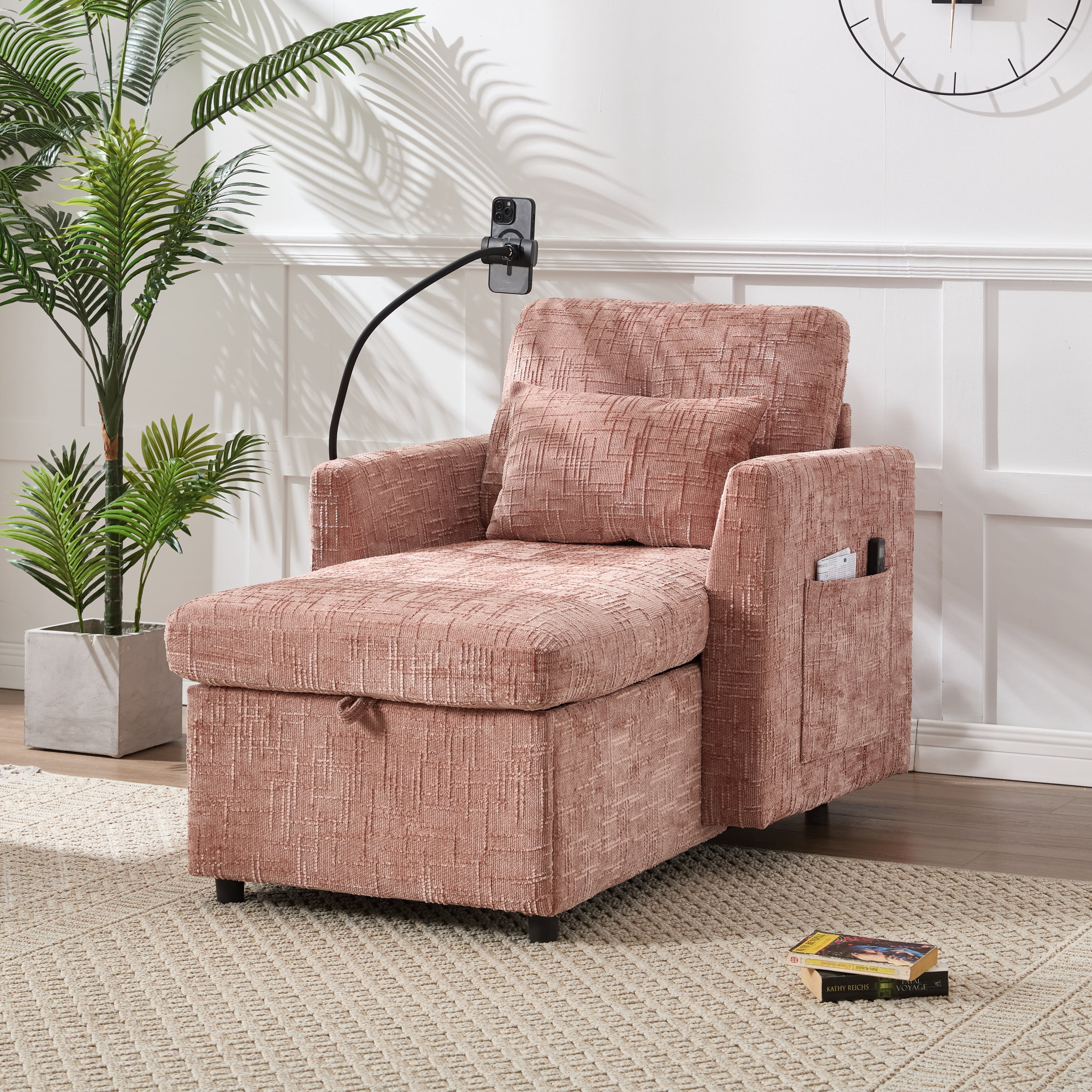 MOONMISS Chenille Upholstered Storage Lazy Single Leisure Chair Sofa with Phone Holder&Side Pocket-Pink