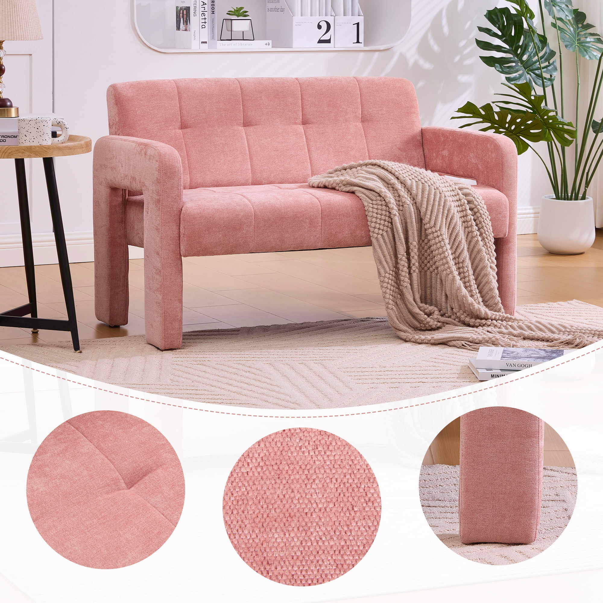 MOONMISS Chenille Upholstered Tufted Comfortable Wood Frame Loveseats Sofa with Dual Armrests-Pink