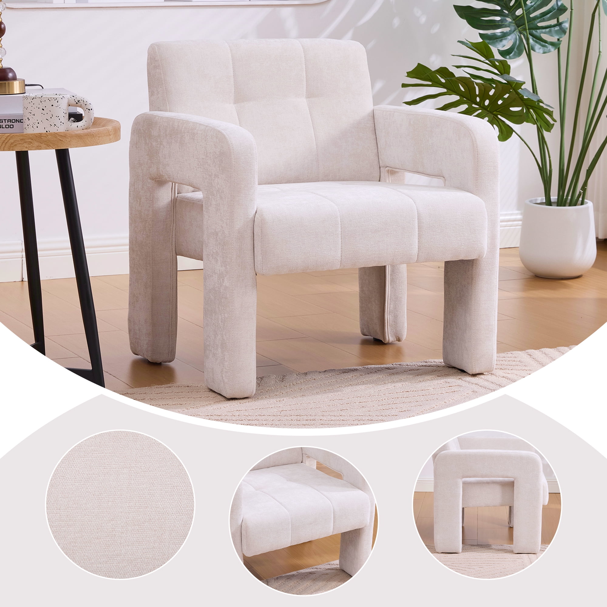 MOONMISS Chenille Upholstered Tufted Comfortable Wood Frame Single Armchair-Beige